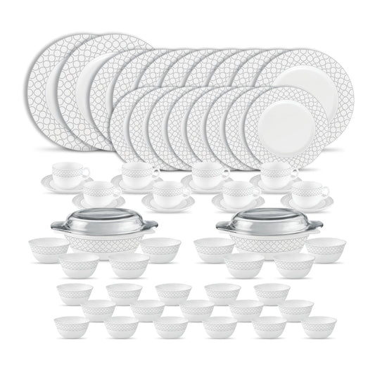 La Opala Diva Velvett Collection Opal Glass Crockery | for Family of 8 | Dinner Set 62 pcs Pearl Grey | Plates & Bowls for Dining | Microwave Safe | 100% Vegetarian | Extra Strong | Light & White