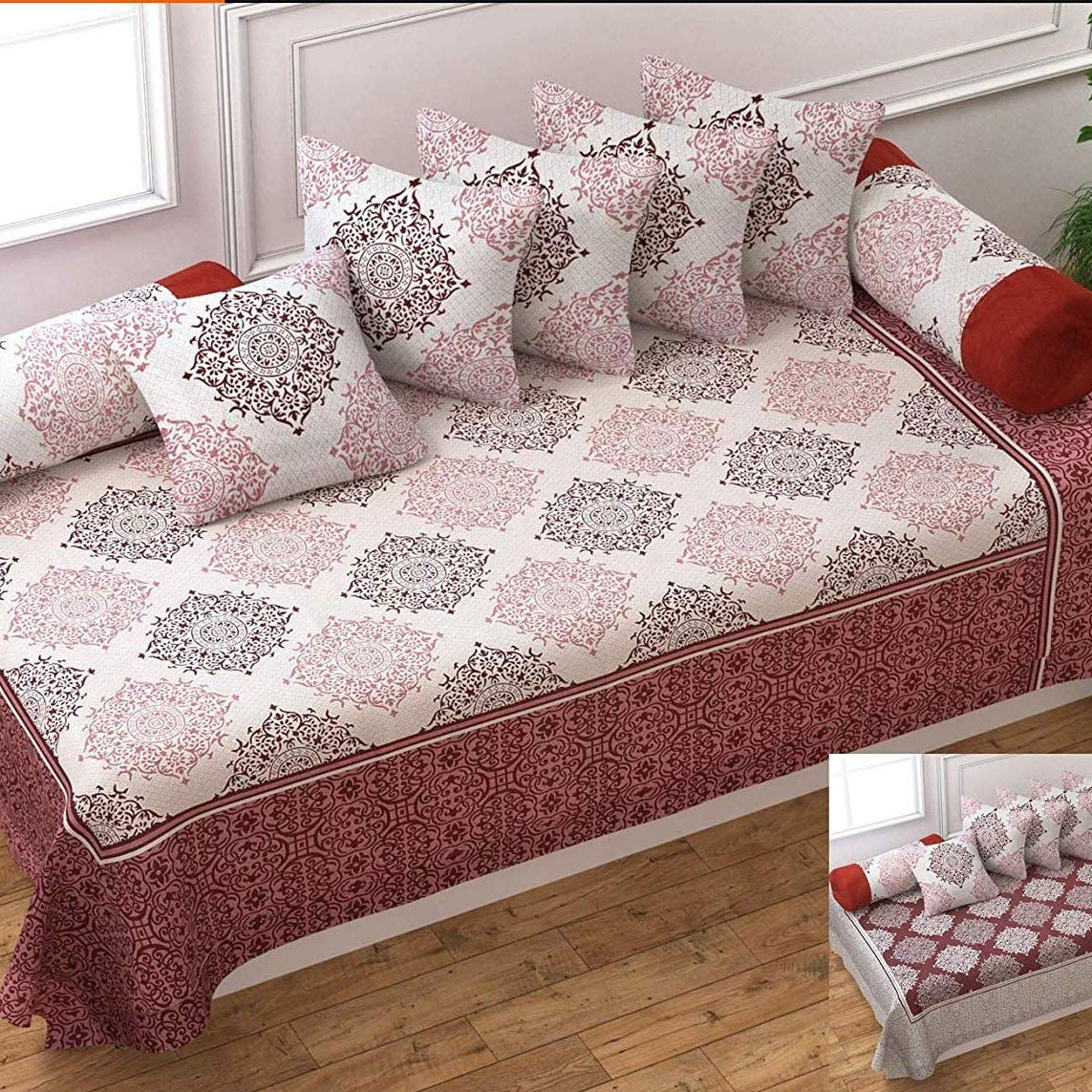 SpangleHomes Pure Cotton Reversible Pattern Diwan Set of 8pc with 1 Single BedSheet,5 Pieces Cushion Covers, and Combo of 2 Bolster Cover for Your Living Room.Best for Diwali Gift (Maroon)