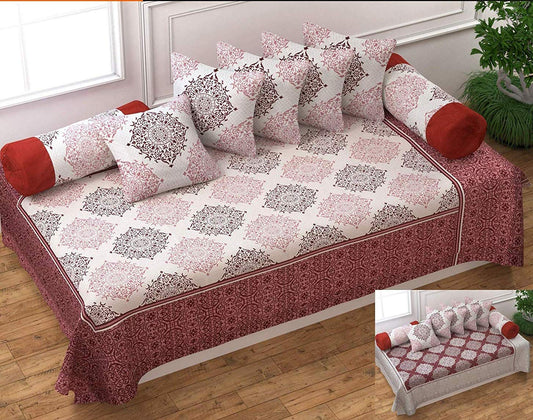 SpangleHomes Pure Cotton Reversible Pattern Diwan Set of 8pc with 1 Single BedSheet,5 Pieces Cushion Covers, and Combo of 2 Bolster Cover for Your Living Room.Best for Diwali Gift (Maroon)