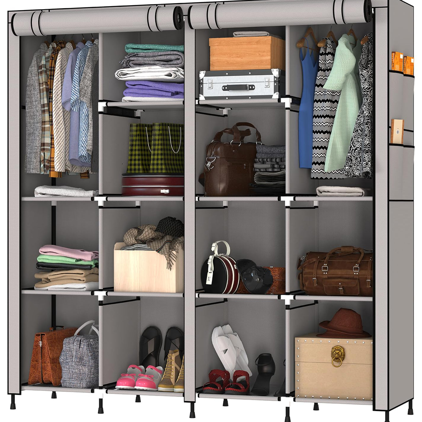 MY ARMOR 4-Door Foldable Wardrobe for Clothes/Cabine/Multipurpose Storage Rack, Collapsible Fabric Wardrobe Organizer for Clothes, Grey (Plastic,Fabric) - 14 Shelfes & 2 Hanger Cabinet Option Design