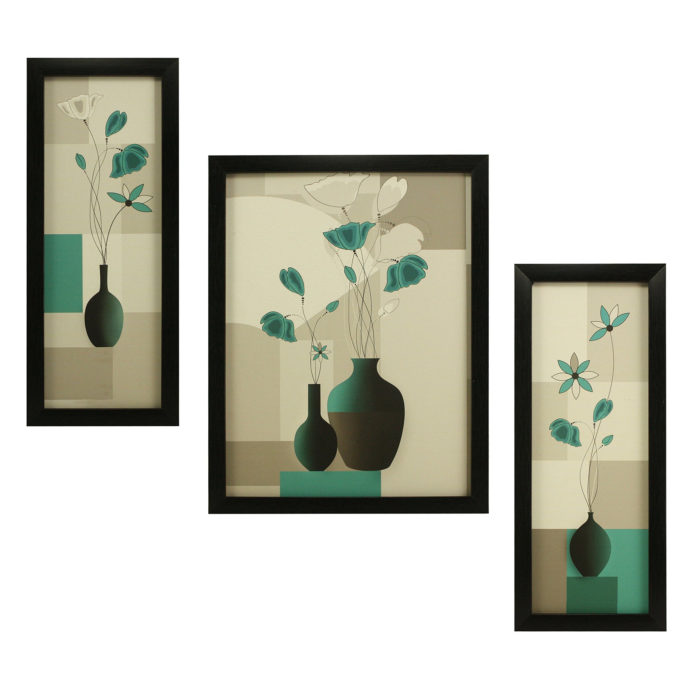 Indianara 3 Pc Set Of Floral Paintings Without Glass 5.2 X 12.5, 9.5 X 12.5, 5.2 X 12.5 Inch