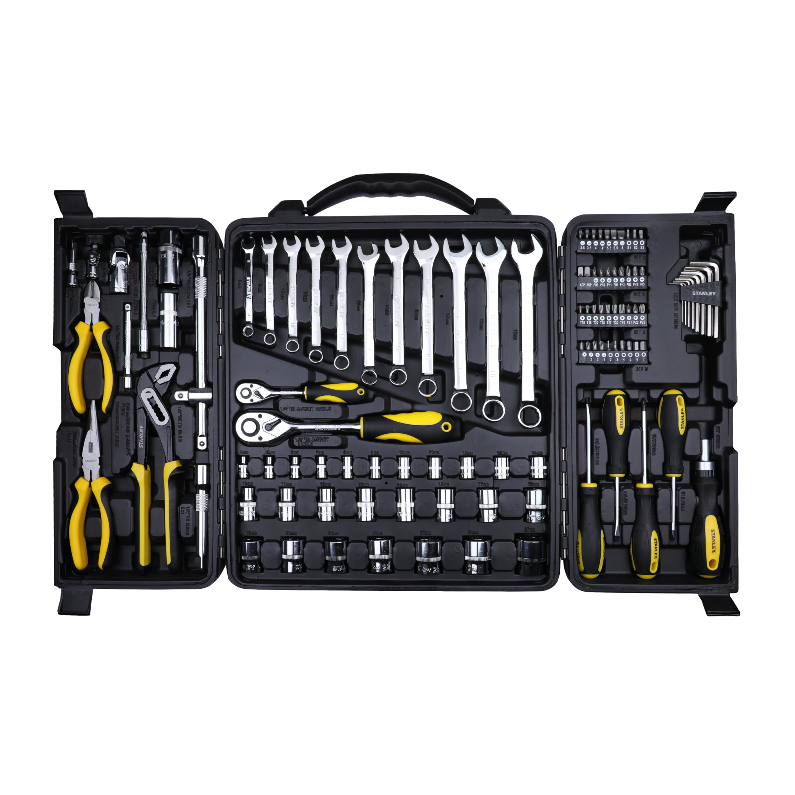 Stanley STMT81243 110-Piece High Quality Multi-Toolkit containing Pliers, Spanners, Drivers, Sockets, Bits, Wrenches & Ratchets for Home, DIY & Professional Use, 1 Year Warranty, Yellow & Black