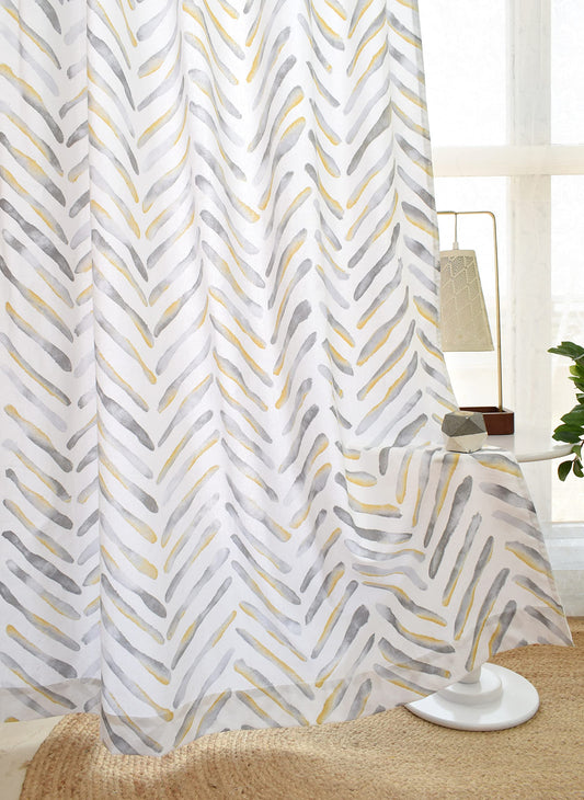 Tranquebar Curtain Co. 100% Cotton, Room Darkening Curtains with Watercolor Chevron Print for Door (with Back Tabs) - 7 Feet, Raya: Yellow & Grey, Set of 2 (Length 213 cm)