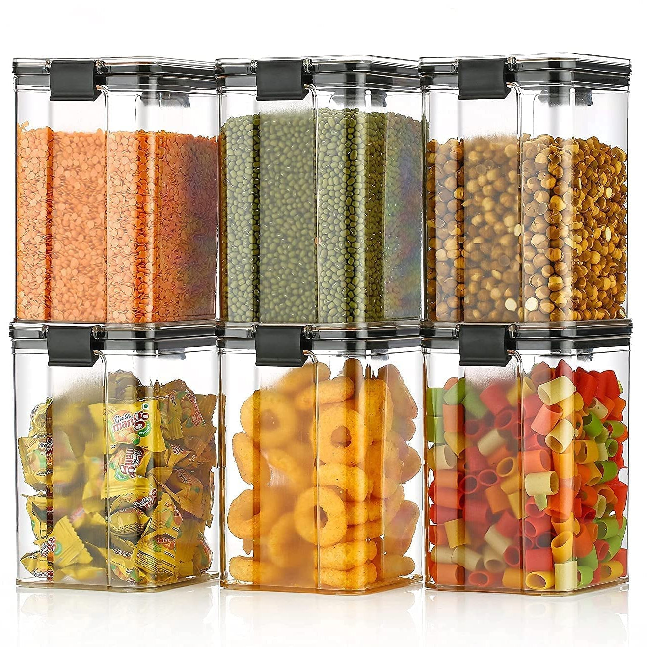 GIRNES 1200ML Air Tight Plastic Container & Jar Set for Kitchen & Pantry Storage for Dry Fruits, Snacks, Biscuits, Pulses & Spices Organiser, Transparent Food Storage Containers With Lids - Pack of 6