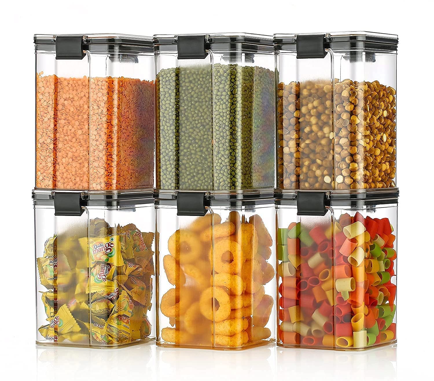 GIRNES 1200ML Air Tight Plastic Container & Jar Set for Kitchen & Pantry Storage for Dry Fruits, Snacks, Biscuits, Pulses & Spices Organiser, Transparent Food Storage Containers With Lids - Pack of 6