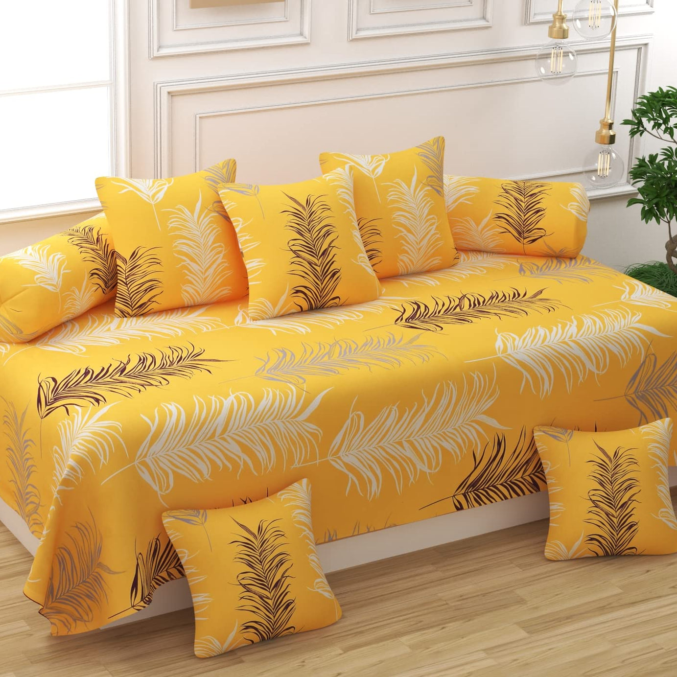 CHHILAKIYA Diwan Set Covers Cotton 8 Pieces Pure Cotton Designer Printed Standard Diwan Set (1 Single Bedsheet, 2 Bolster Covers, 5 Cushion Covers) (Yellow)