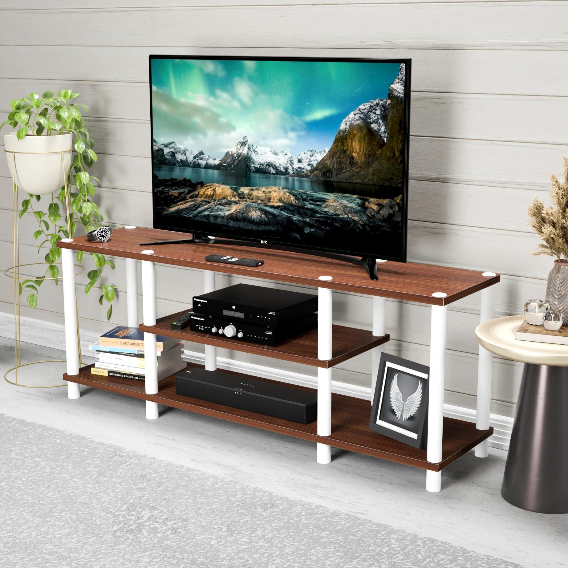 DFC Willow Engineered Wood TV Unit for Living Room TV Stand TV Entertainment Unit for Bedroom with Shelf Storage Unit Set Top Box Stand TV Table/TV Cabinet for upto 55 Inch TV (Walnut & White)Standard