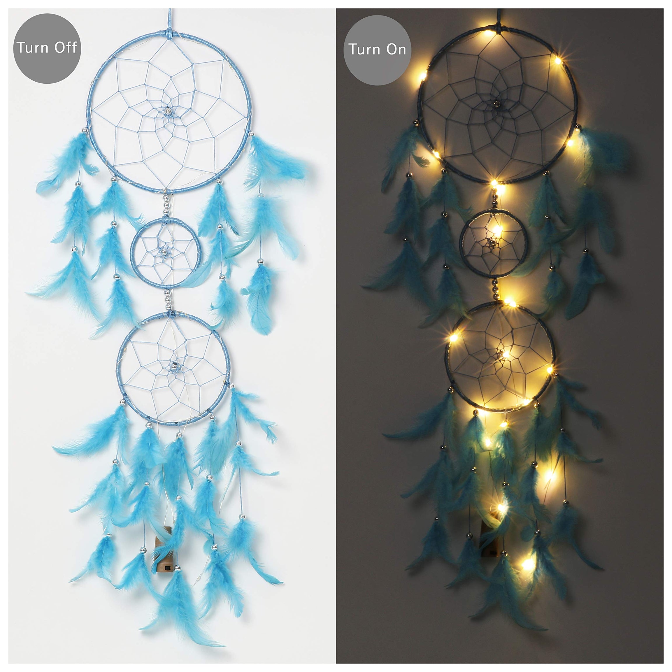 ILU® Dream Catcher with Lights, Wall Hangings, Crafts, Home Décor, Handmade for Bedroom, Balcony, Garden, Party, Café, Decoration, Wedding, Decorative, Blue Feathers (17 cm Diameter)