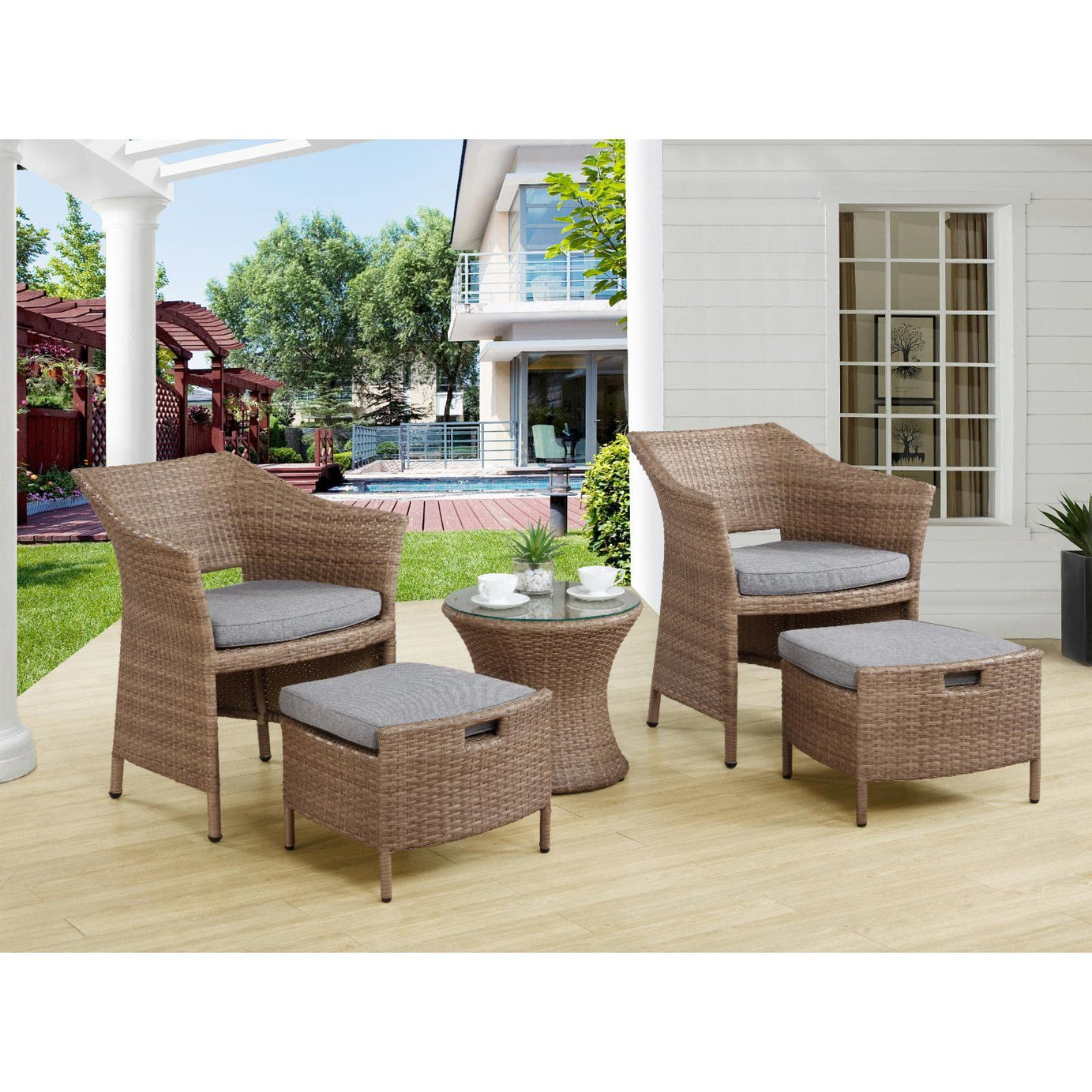 ROXXFLY Rattan Wicker Patio Seating Chair Set with 2 Ottomans and Coffee Table Outdoor Patio Furniture Set for Balcony Garden (Coffee Brown)