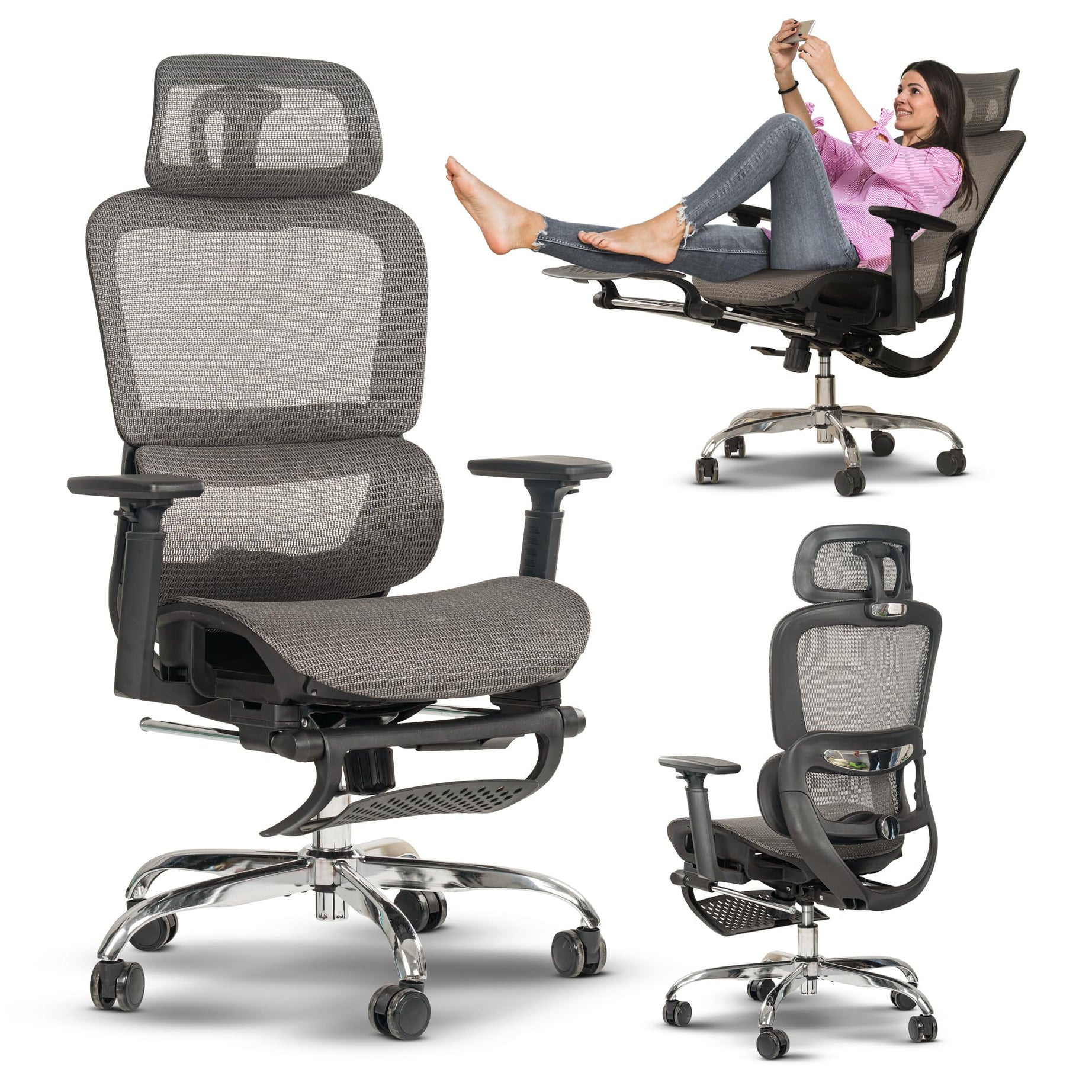 DROGO Ergonomic Office Chair for Work from Home, Computer Chair with Breathable Mesh, Adjustable Seat, Footrest, 3D Armrest, 2D Headrest & Lumbar Support | Mesh Chair for Office/Home (Grey)