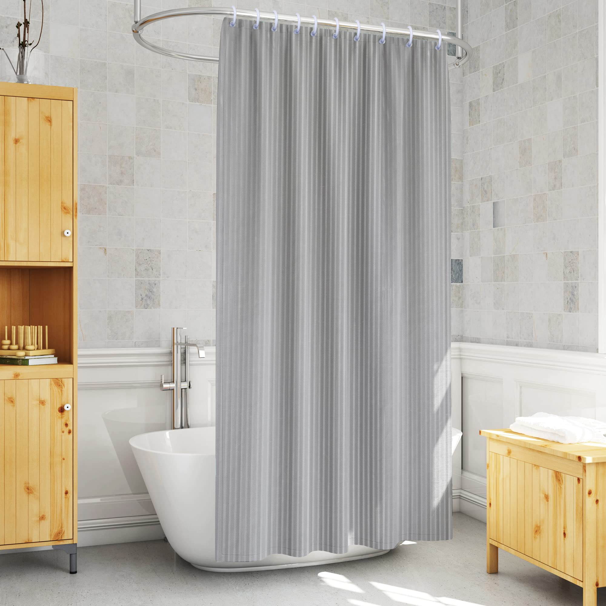 MONKDECOR PVC Self Strip Plain Design Shower Curtains with Hooks Pack of 2 Pcs, 7 Ft Long Grey (Size-54x84 Inches)