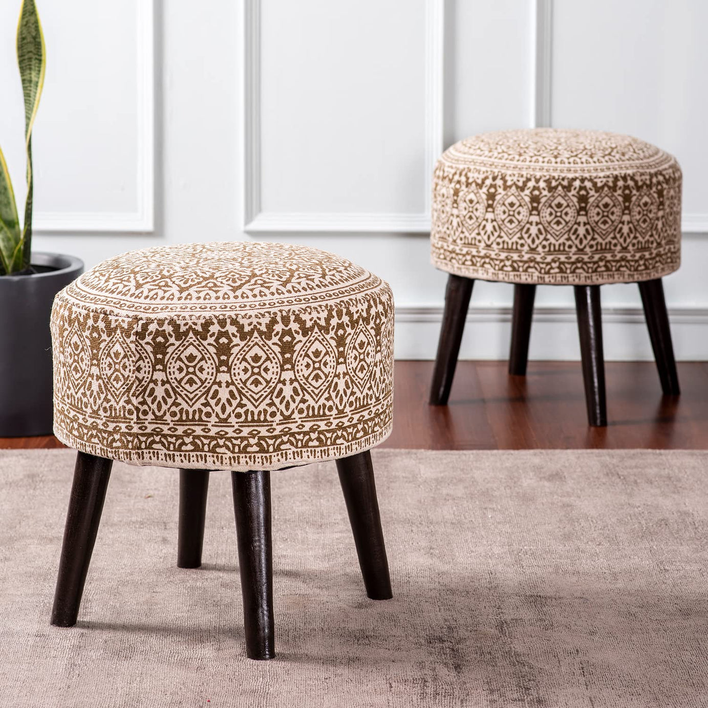 nestroots ottoman stool for living room set of 2 | Pouffes for sitting ottoman | foot rest stools with 4 wooden legs (17 inch height, Yellow)