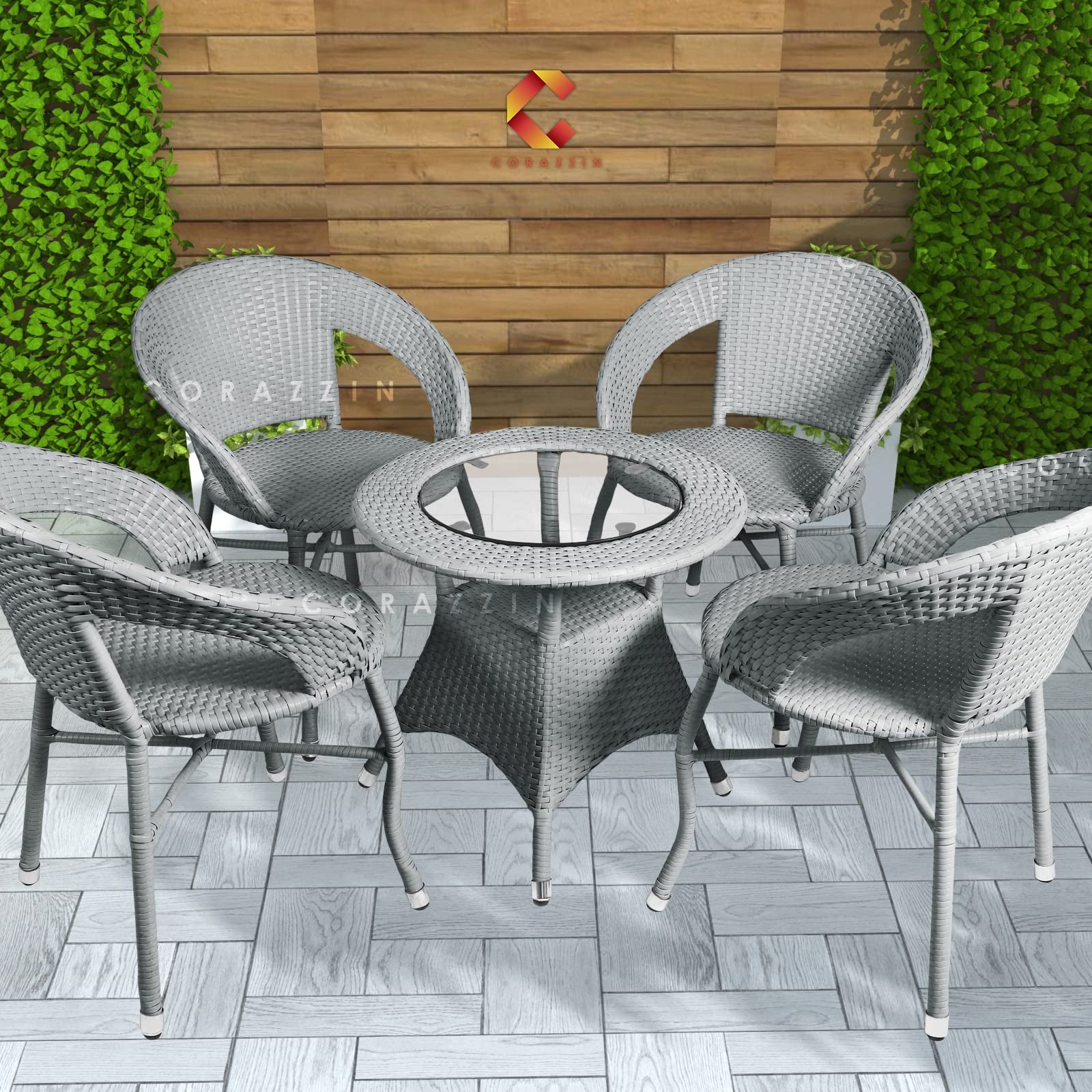 CORAZZIN Garden Patio 4 Seater Chair and Table Set Outdoor Balcony Garden Coffee Table Set Furniture with 1 Table and 4 Chairs Set - (Grey), Rattan, 56 Cm, 61 Cm