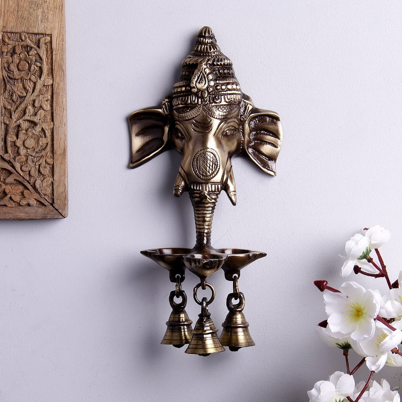 eCraftIndia Ganesh Deepak with Bell Brass Wall Hanging (11 cm x 8 cm x 24 cm, Brown)