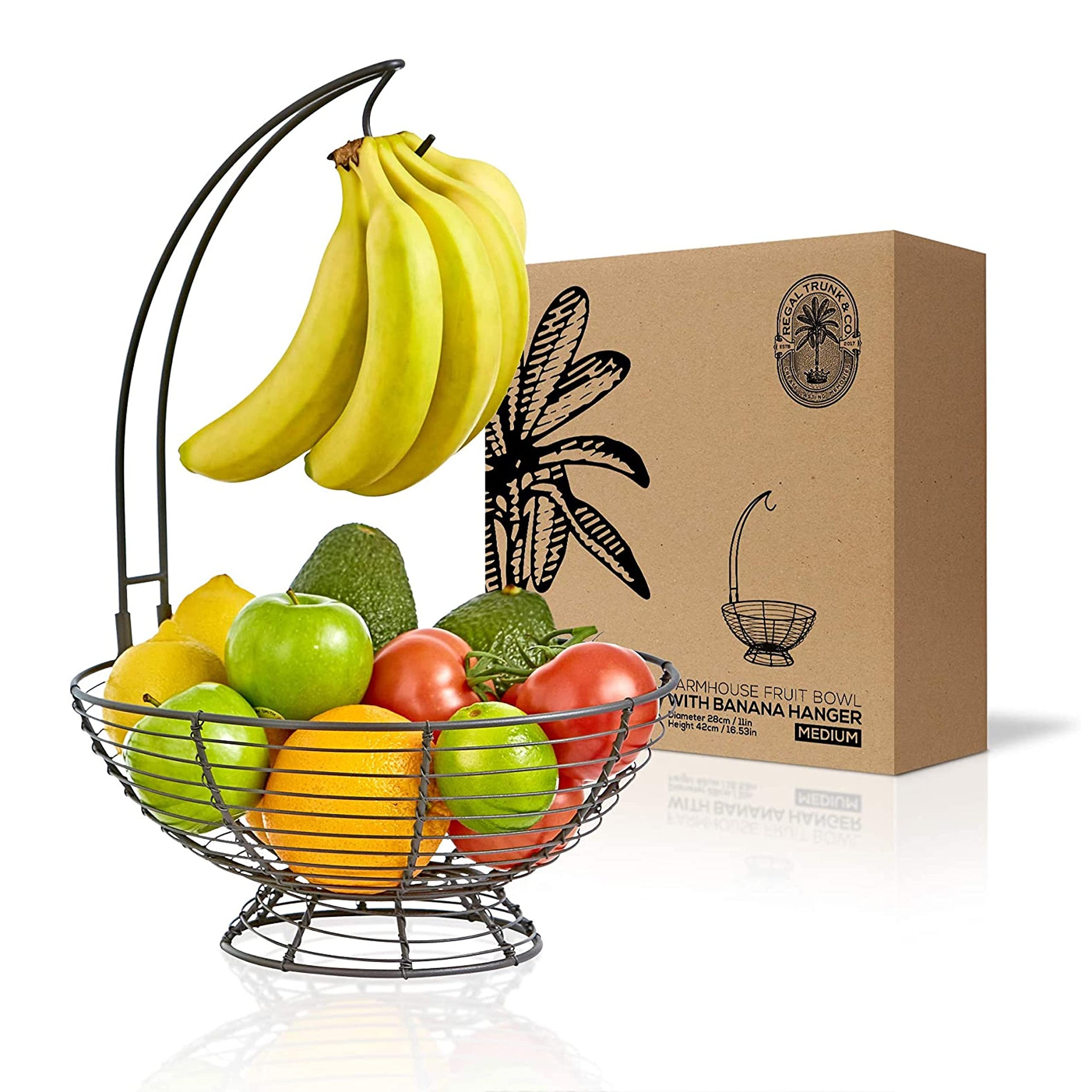 Regal Trunk Fruit Basket With Banana Hanger- Farmhouse Fruit Bowl With Banana Holder Tree | Vegetable and Fruit Holder With Detachable Banana Stand | Fruit Bowl For Kitchen Counter - Medium Size