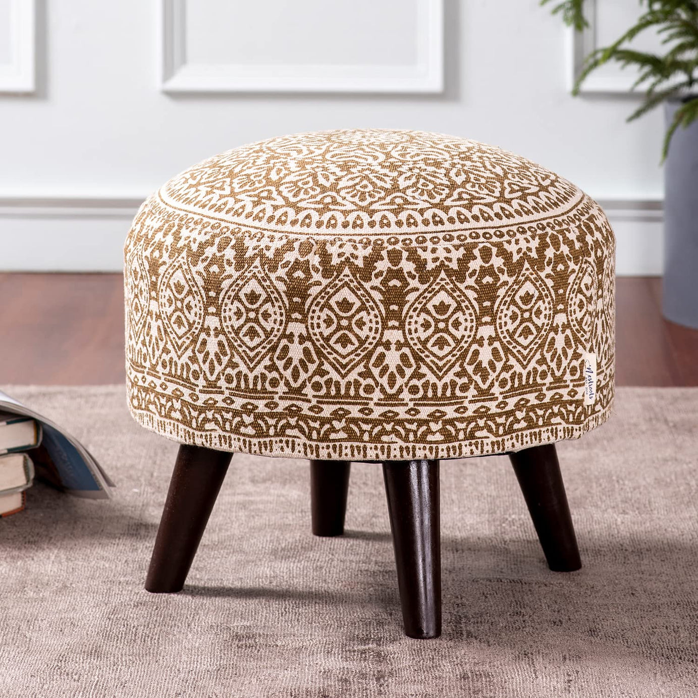 nestroots ottoman stool for living room | Pouffes for sitting printed ottoman | foot rest ottoman stools with 4 wooden legs (14 inch height, Yellow)