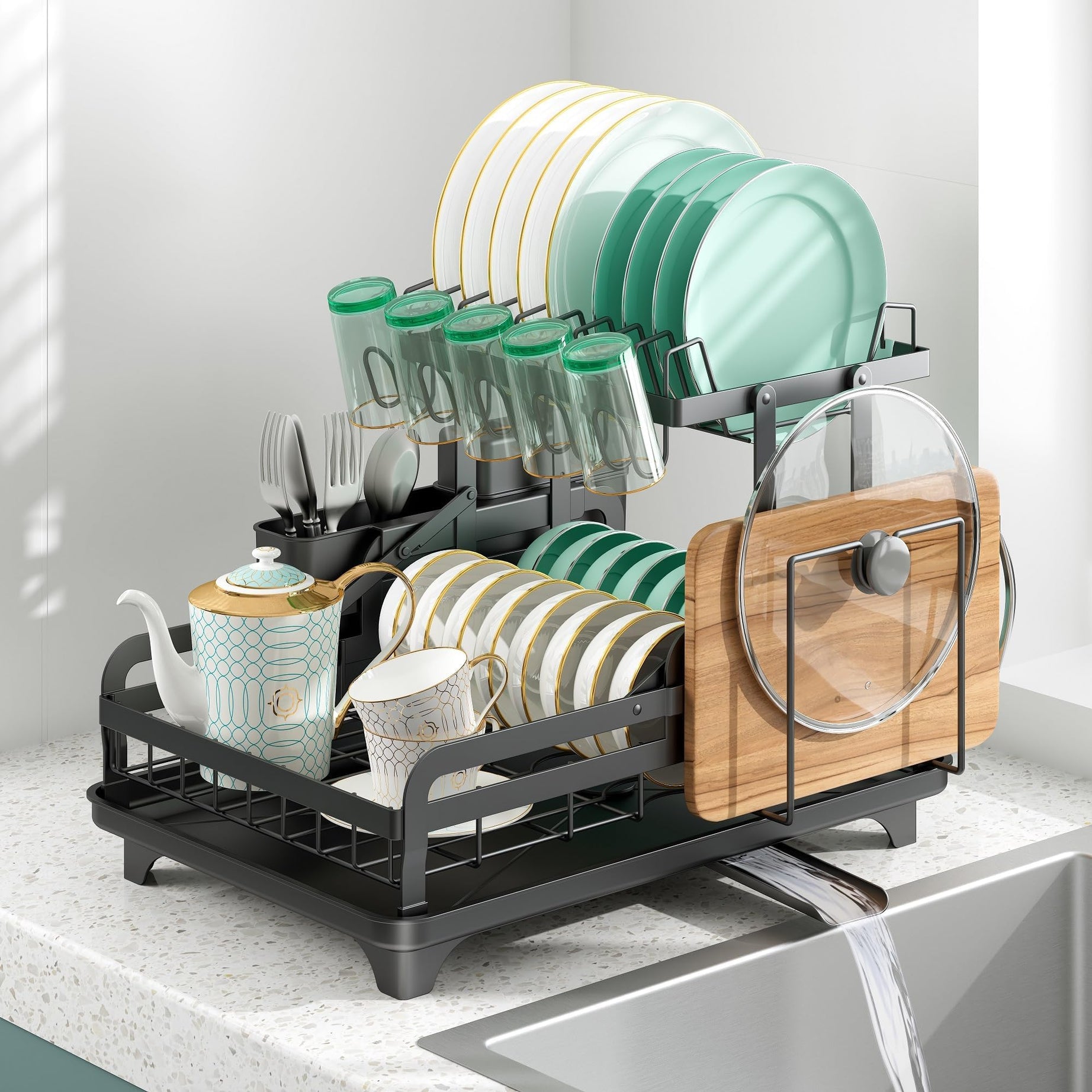 Hello Home Dish Drying Rack Large, 2 Tier Kitchen Dish Drainer Rack, 360 Flexible Draining Board Rack for Kitchen Counter - Sink Drainer Rack with Drip Tray, Utensil Holder, Cup Rack (Black)