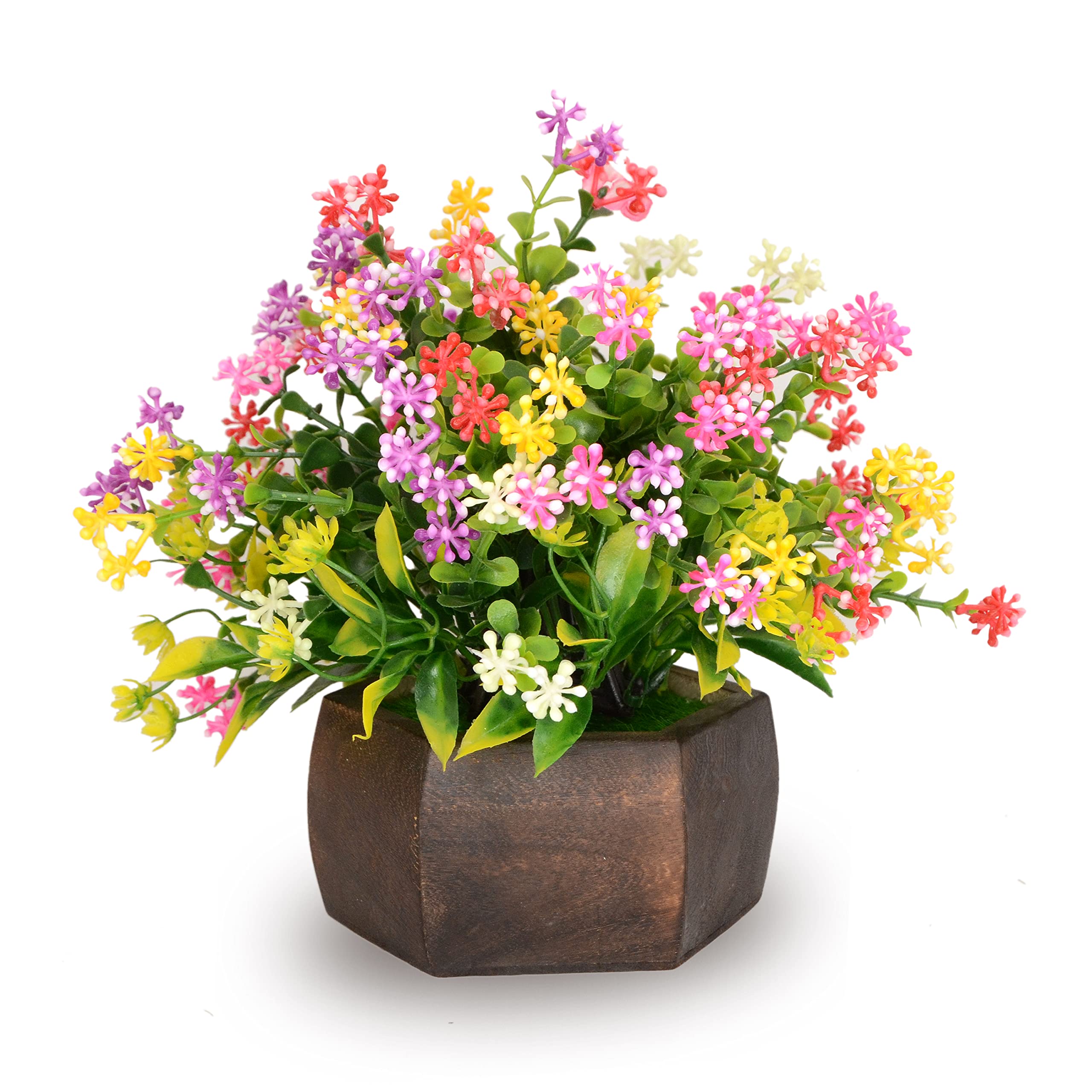 S-Biv Artificial Flower Plant with Wood Hexagon Pot, Artificial Plants for Home Décor, Showcase Decoation Plants, Potted Plants for Home, Fake Plant (18 cm, Multicolor)