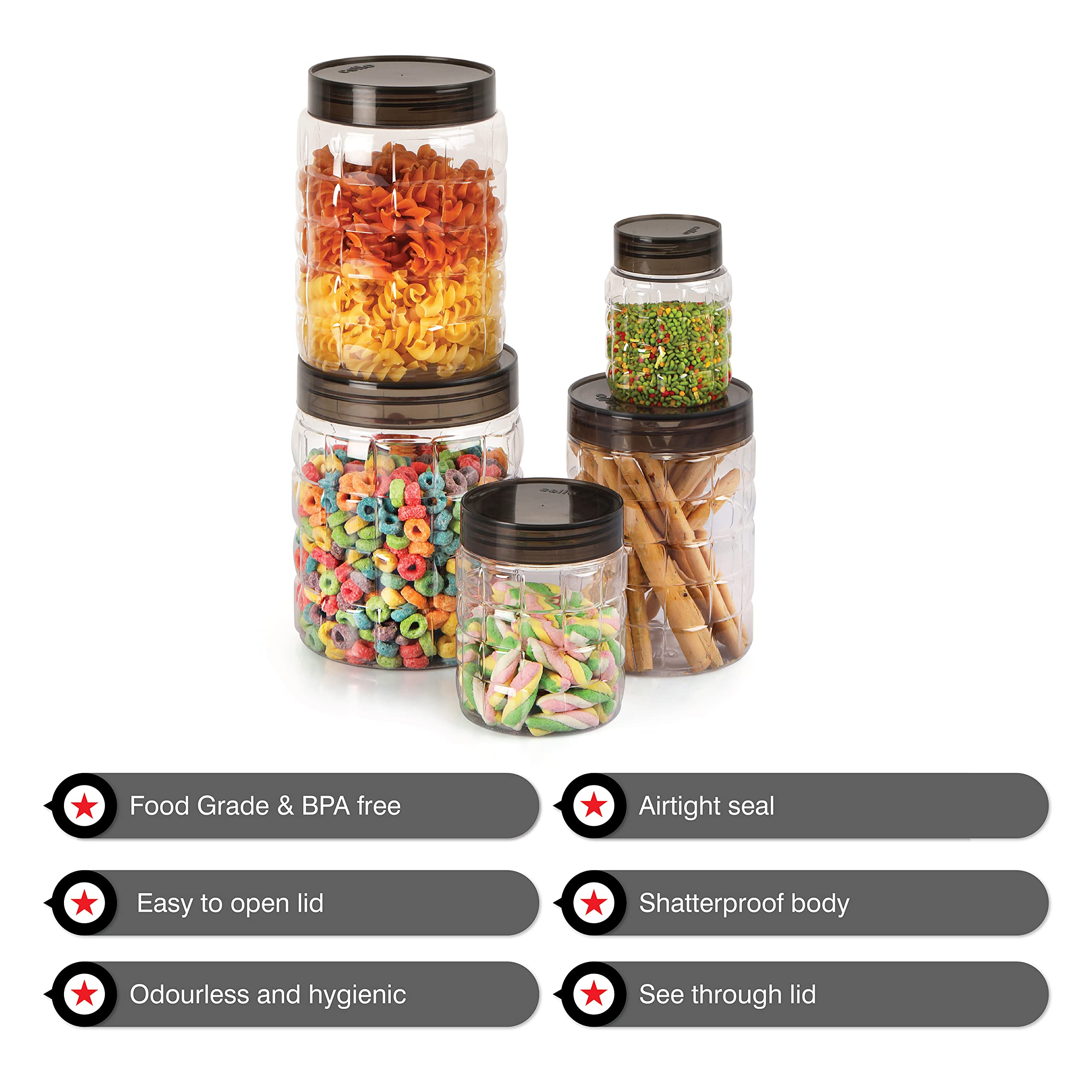 CELLO Checkers Pet Plastic Airtight Canister Set | Food grade and BPA free canisters | Durable & Shatterproof Body |Air tight seal & Stackable |Transparent | 300ml x 4, 650ml x 4, 1200 x 4, Set of 12