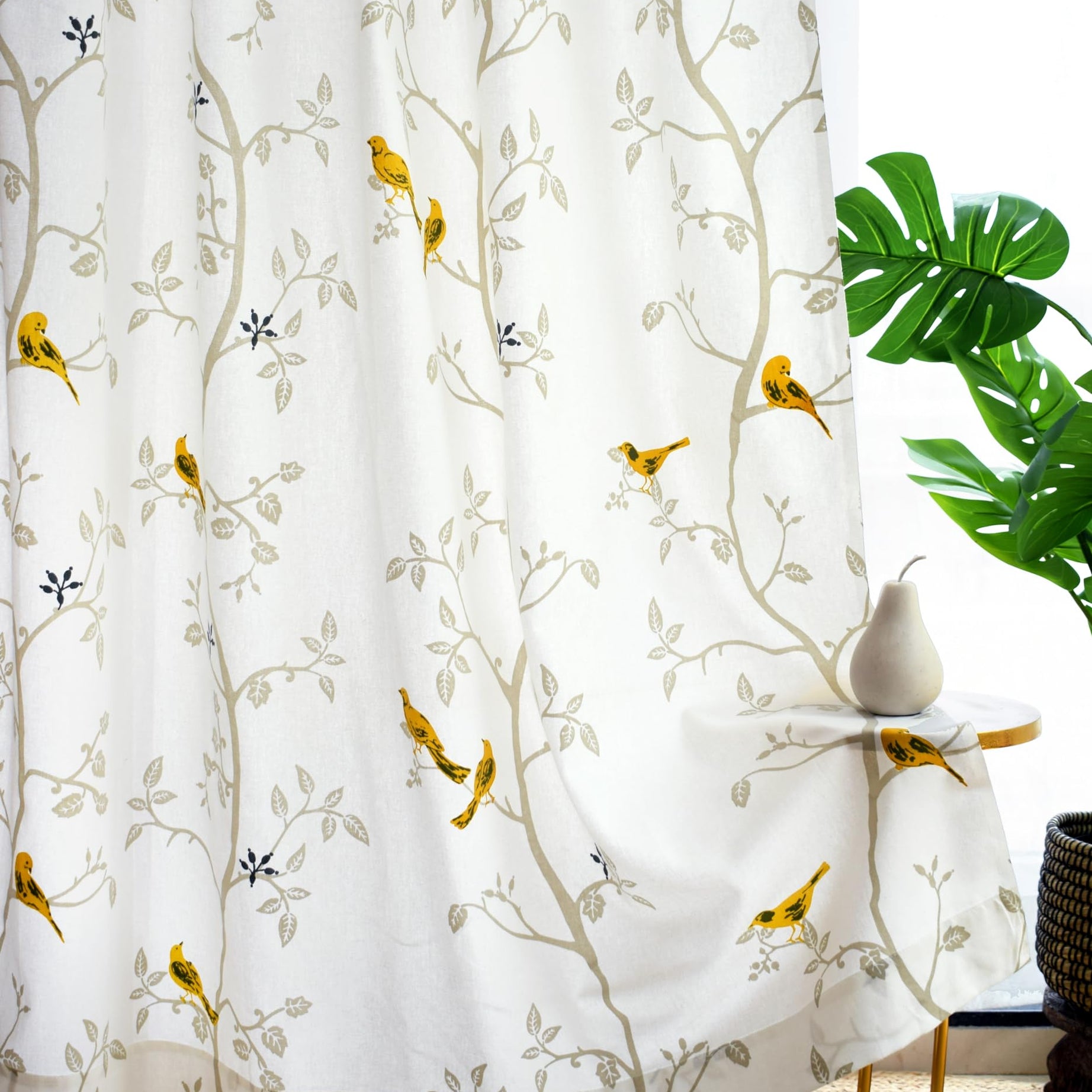 Tranquebar Curtain Co. 100% Cotton, Room Darkening Curtains with Bird Print for Window (with Back Tabs) - 5 Feet, Yori: Yellow, Set of 2 (Length 152 cm)