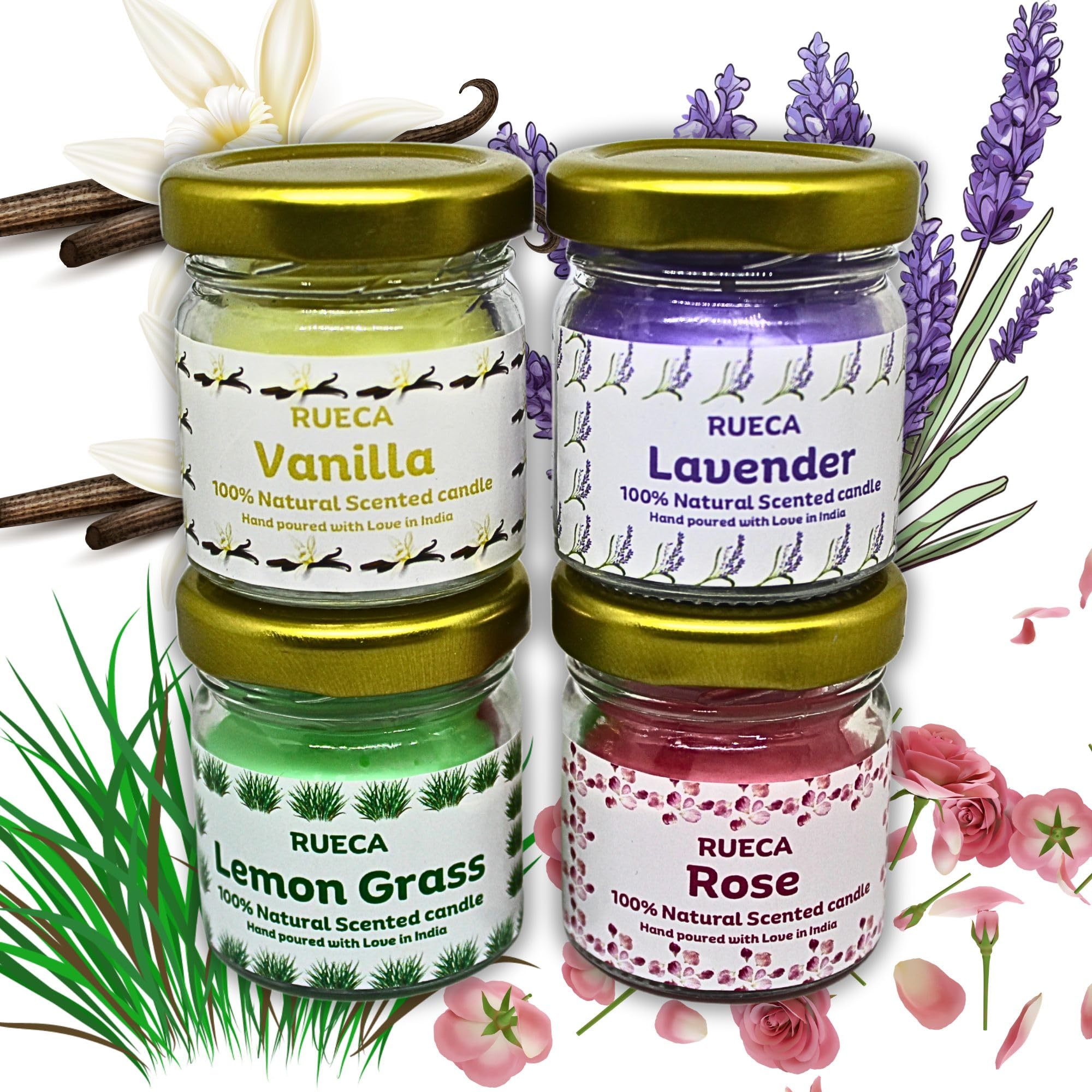 RUECA Lemon Grass, Lavender, Rose & Vanilla Scented Candles for Home Decor, Gifts & Aromatherapy | Natural Soy Wax Mini Glass Jar Candle Pack of 4 | 4 x 25 gms Each | Burn up to 40 hrs (10 hrs Each)