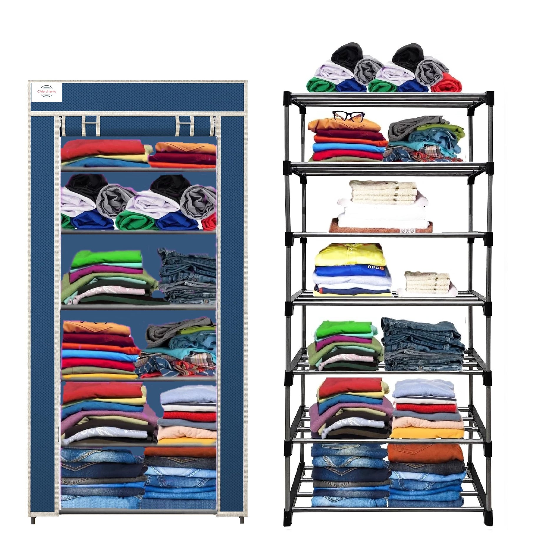 CMerchants Multipurpose Collapsible Metal Shelf Wardrobe 6 Layer (Blue)