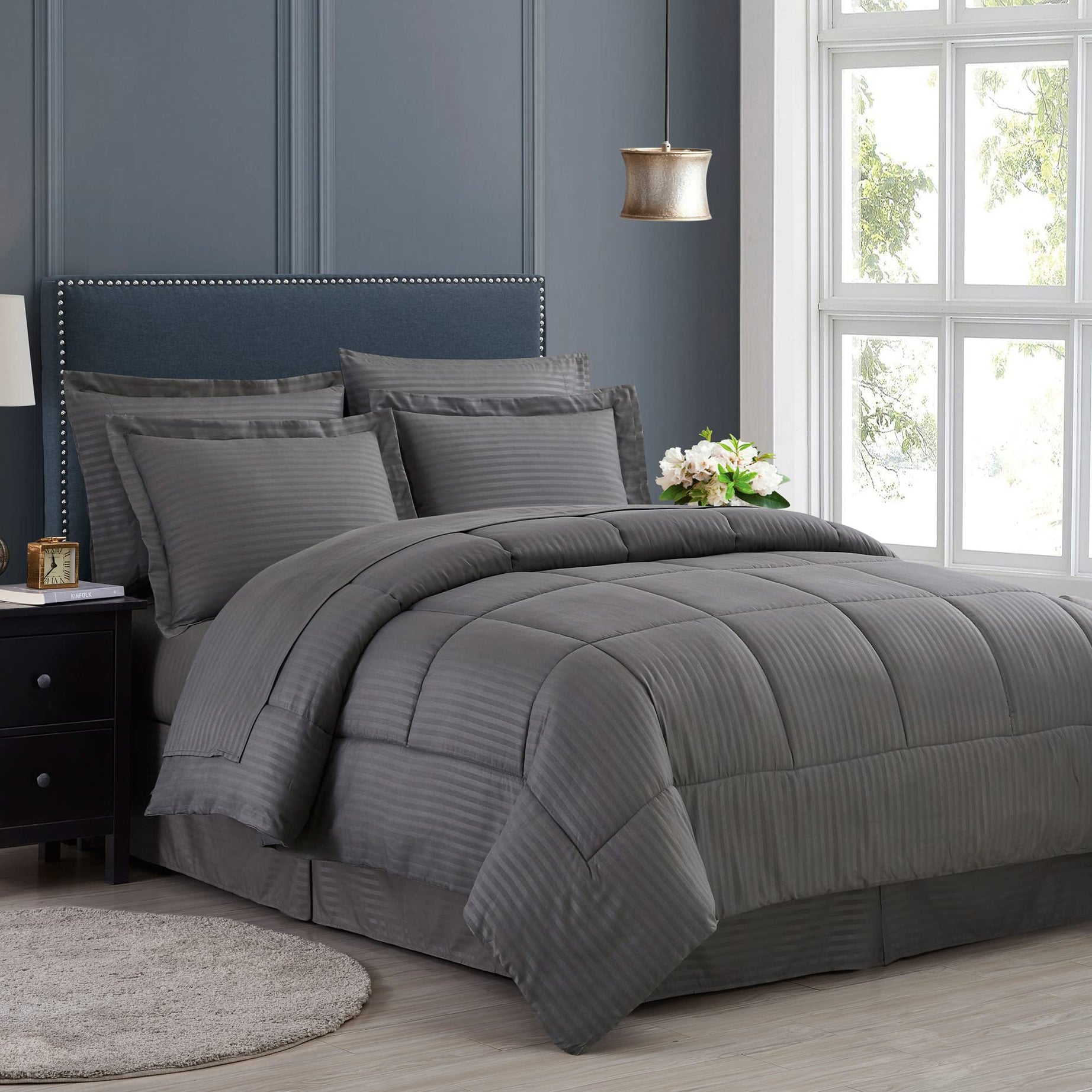 Sweet Home Collection 8 Piece Bed in A Bag with Dobby Stripe Comforter, Sheet Set, Bed Skirt, and Sham Set - Queen - Gray