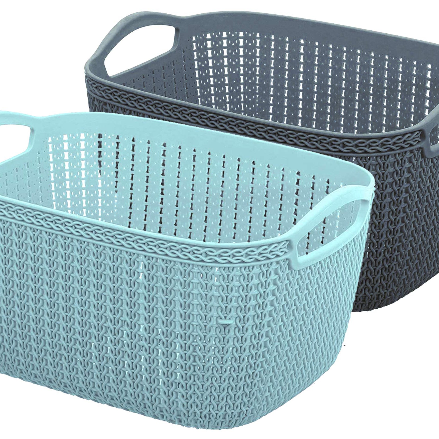 Kuber Industries Q-5 Unbreakable Plastic 2 Pieces Multipurpose Medium Size Flexible Storage Baskets/Fruit Vegetable Bathroom Stationary Home Basket with Handles (Light Blue & Grey), Rectangular