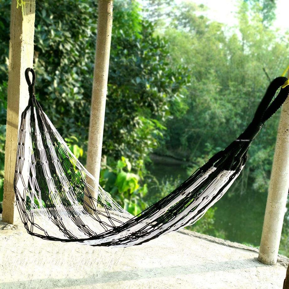 CRM TRADERS® Nylon Rope Swing Hammock Hanging Mesh Relaxing Bed for Garden Outdoor Jhula (Black&White)