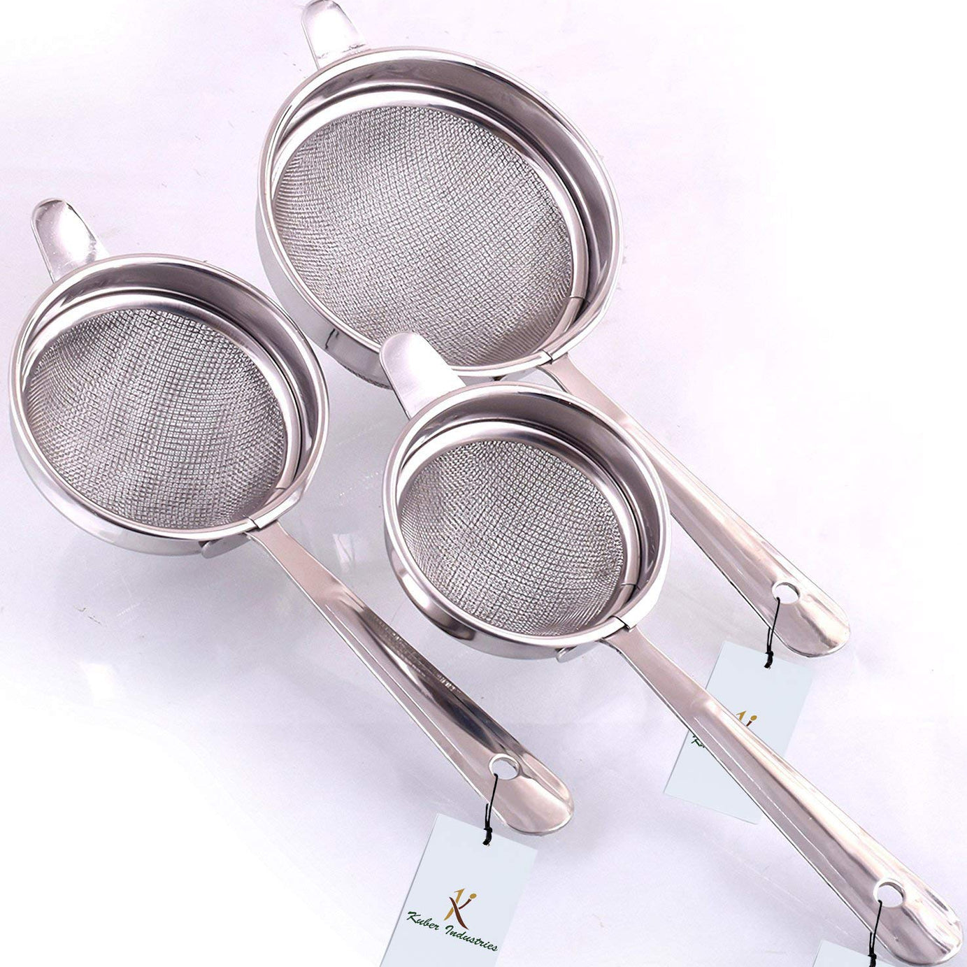 Kuber Industries Stainless Steel Tea Strainer Chalni Double Mesh Last Long Set of 3 Pcs (8,9,10 cm) Code-003, Silver, Standard (Chalni12)