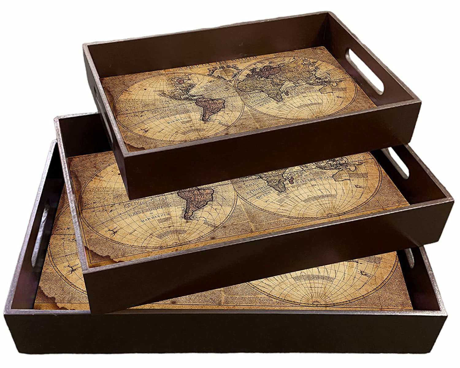 Dime Store Wooden Tray for Serving/Decorative Serving Tray Set of 3 Trays for Home and Restaurants (Engineered Wood) (World Map Theme, Brown)