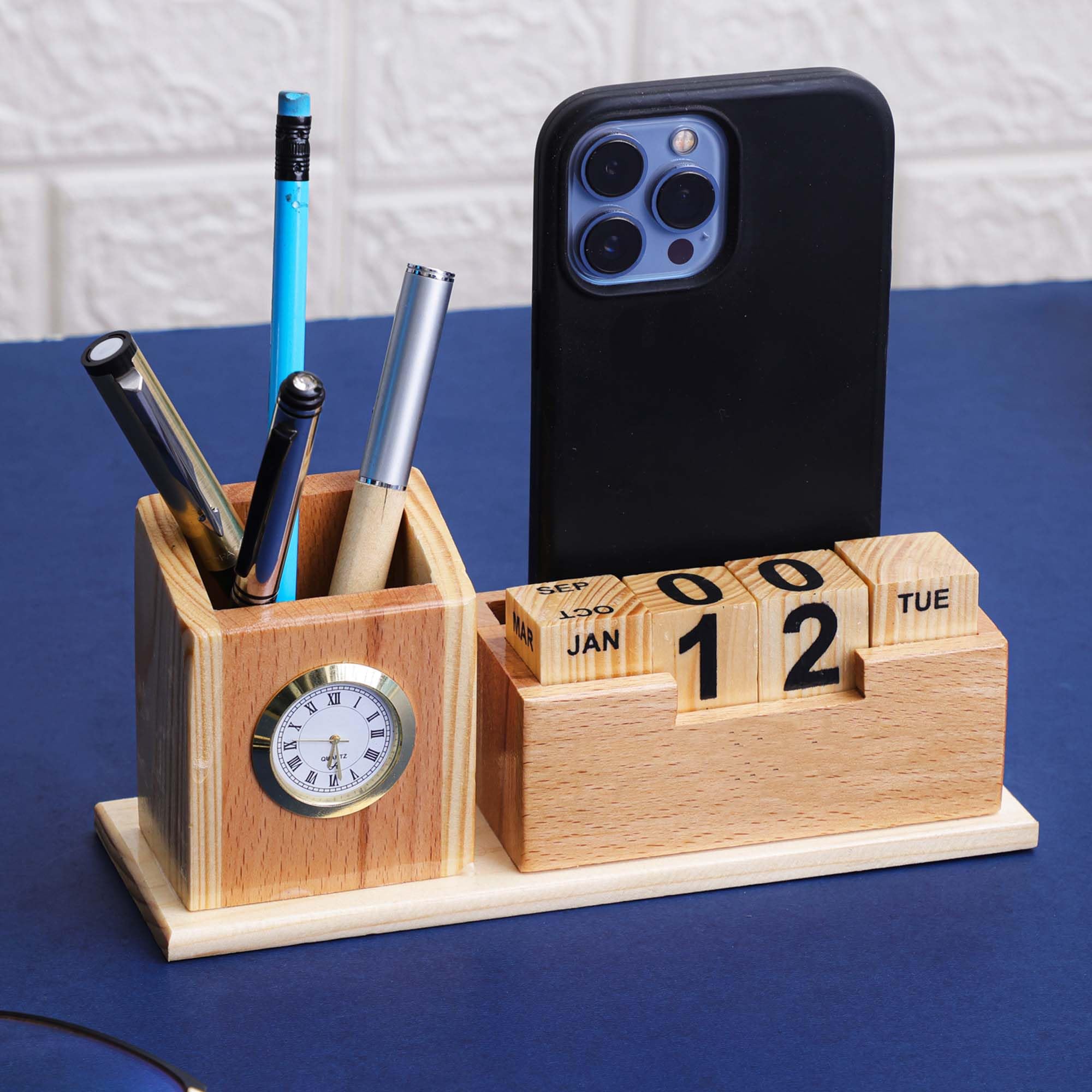 Deskart Wooden Pen Holder with Clock, Infinity Calendar, Business Visiting Card and Mobile Stand | Pen, Pencil and other Stationary Organizer for Office Desk and Study Table (Infinity)