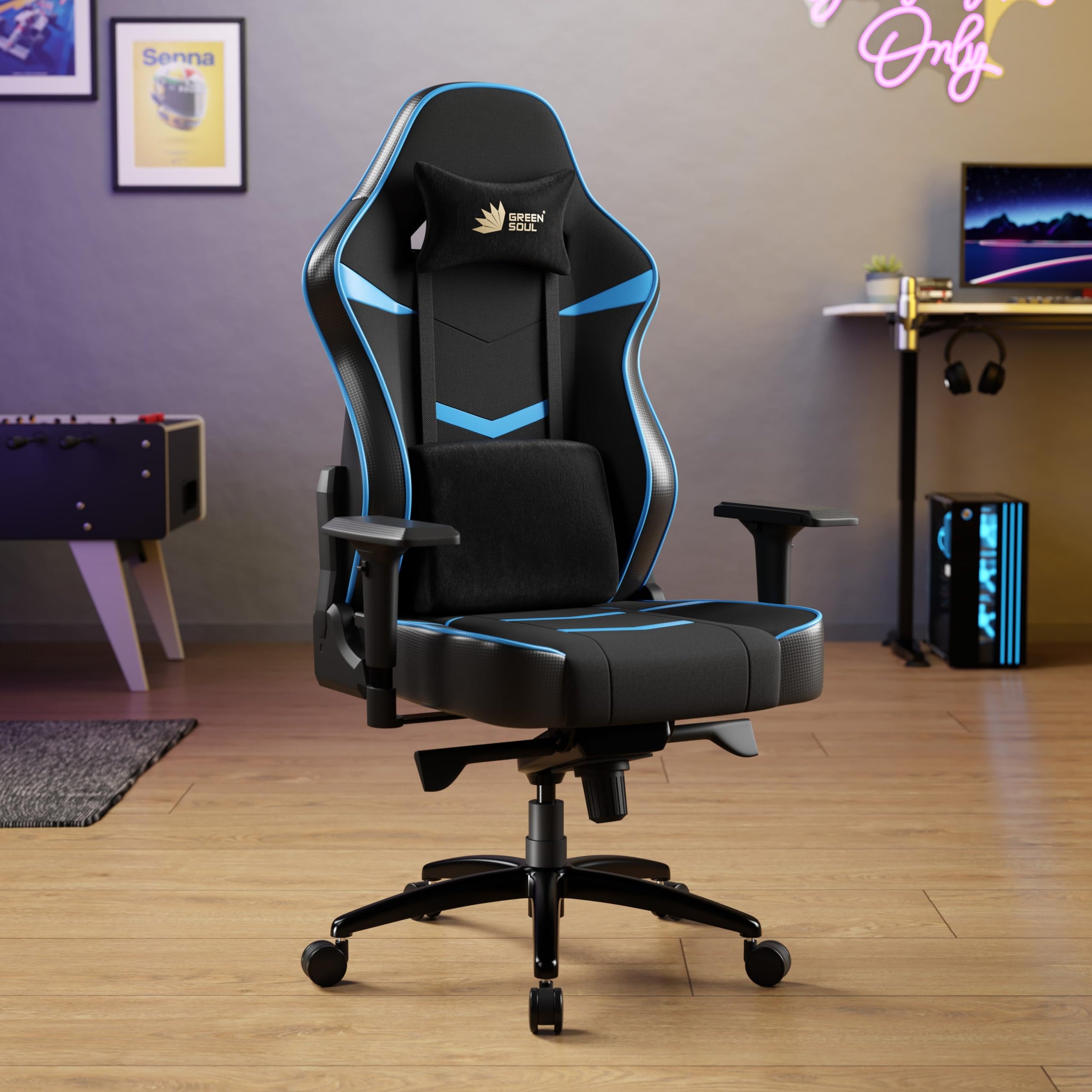 Green Soul® | Monster Ultimate Series T | Multi-Functional Ergonomic Gaming & Office Chair | Premium Spandex & PU Leather Fabric | Adjustable Neck, Lumbar Pillow | 4D Adjustable Armrests (Black Blue)