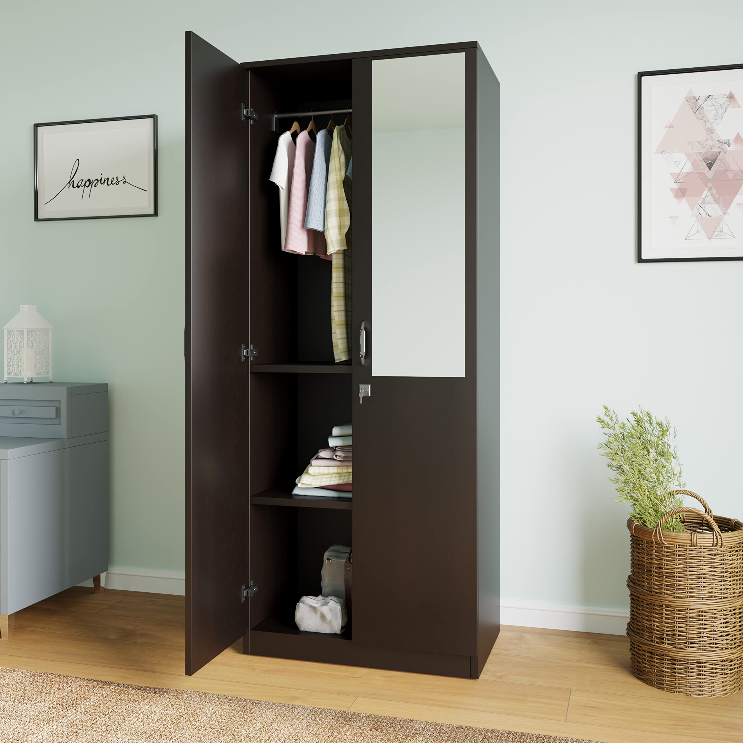 Nilkamal Willy Engineered Wood 2 Door Mirror Wardrobe with 1 Hanging Rod and 2 Shelves | Bedroom Wardrobe (Color - New Wenge, Delivery Condition - Knock Down)