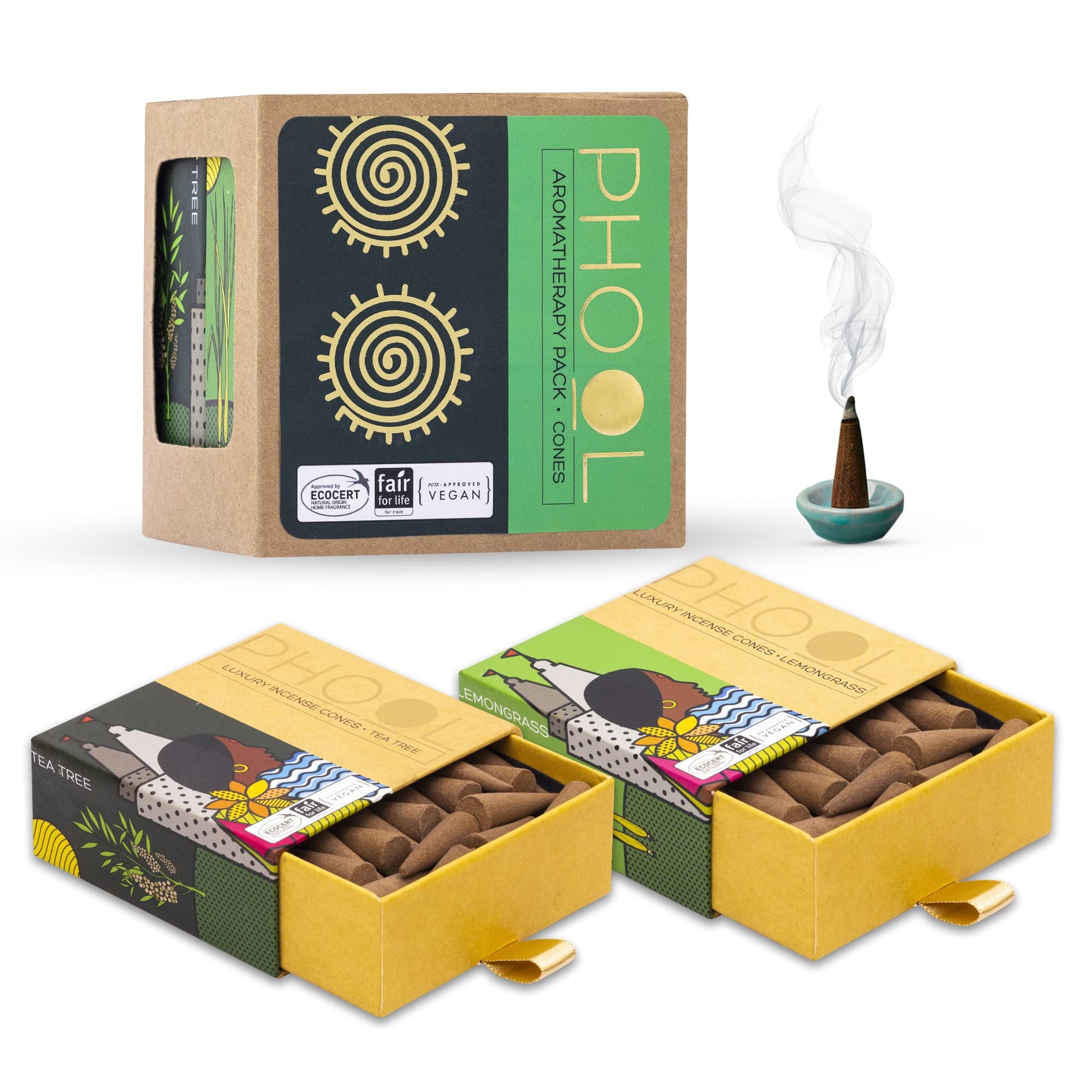 Phool Pack of 2 Natural Incense Cones, Aromatherapy Pack 80 Organic Dhoop for Aromatherapy |Tea Tree and Lemongrass+2 Free Ceramic Holder | Dhoopbatti |Sulphur & Charcoal Free | 100% Organic (500 GMS)