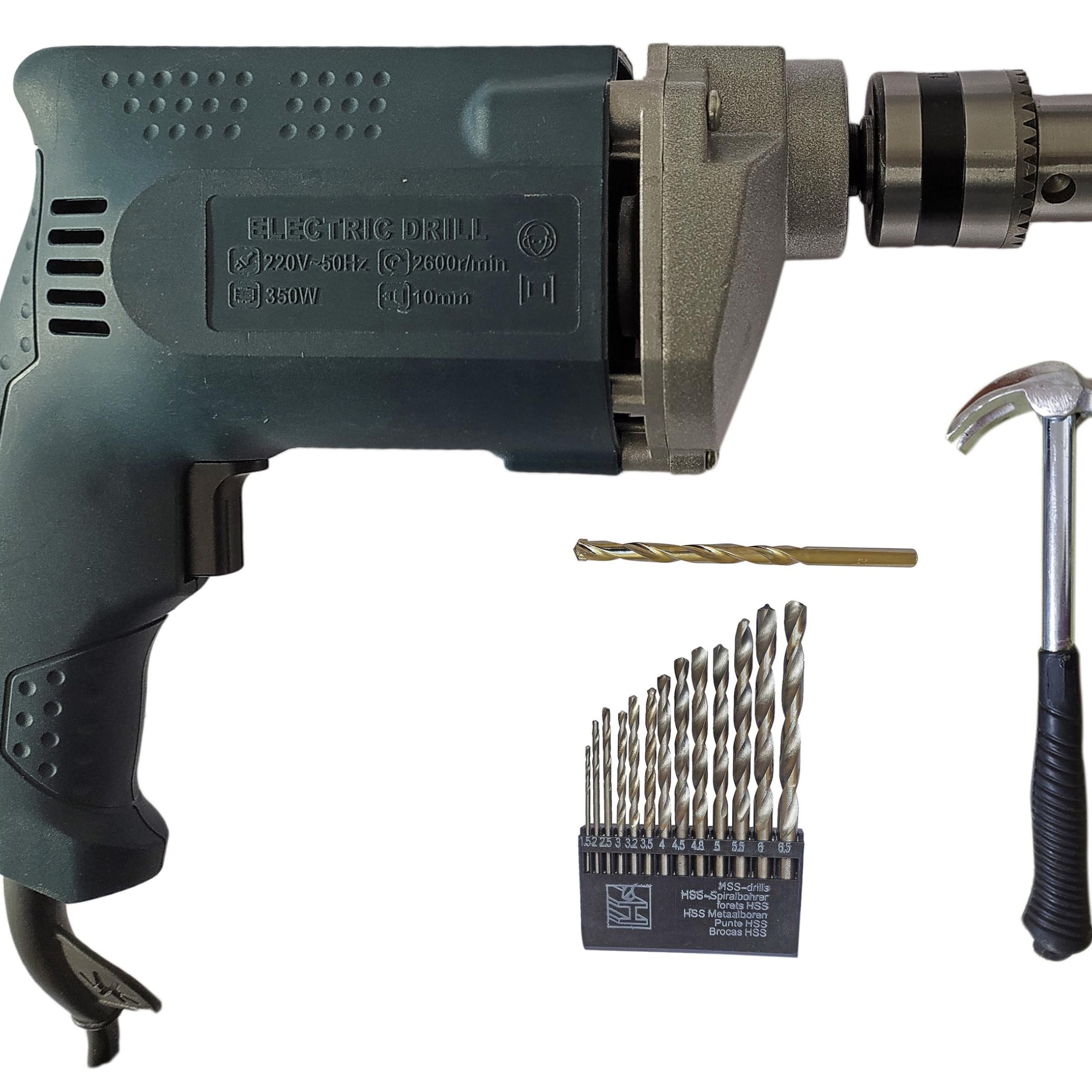 Inditrust 100% Copper Winding 6-Month warranty 10mm Electric Drill machine 350w with 1pc Masonry drill bit 13pc HSS bit and 1pc Claw Hammer (Pack of 4)