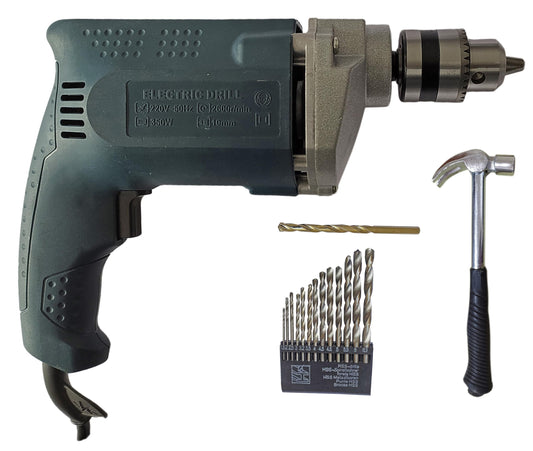 Inditrust 100% Copper Winding 6-Month warranty 10mm Electric Drill machine 350w with 1pc Masonry drill bit 13pc HSS bit and 1pc Claw Hammer (Pack of 4)