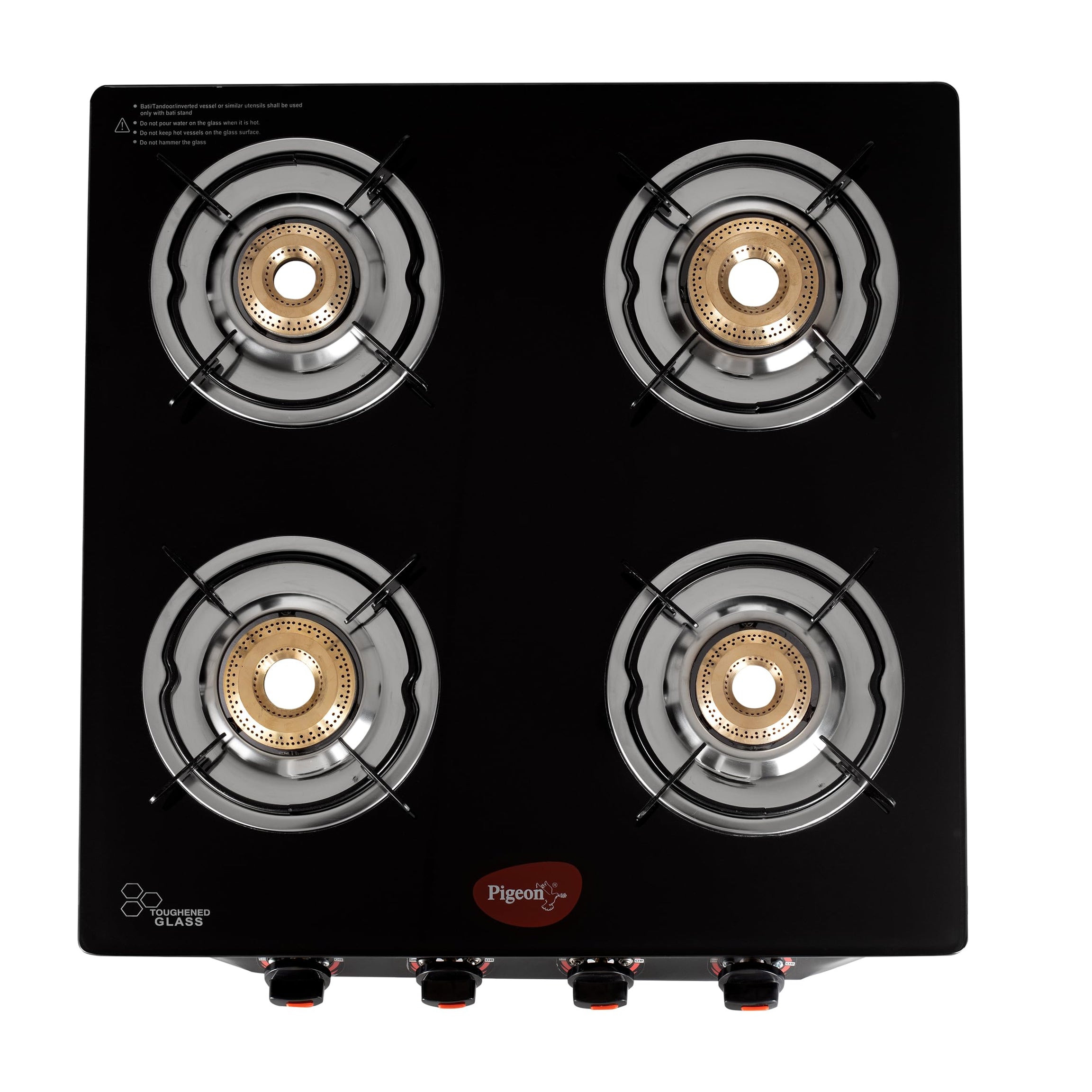 Pigeon by Stovekraft Aster Gas Stove 4 Burner with High Powered Brass Burner, Gas Cooktop with Glass Top and Powder Coated Body, Black, (14297) - Manual Ignition