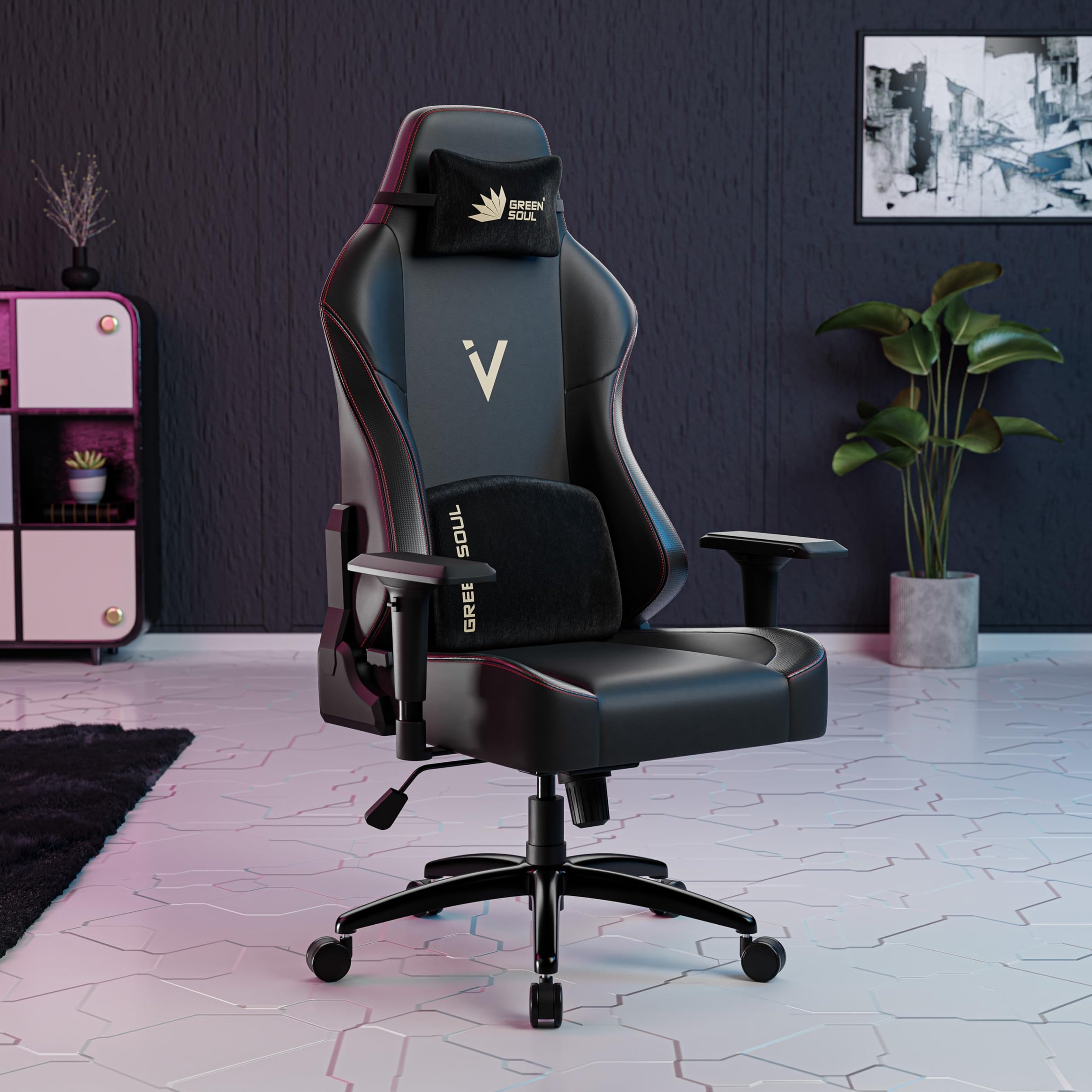 Green Soul Vision Multi-Functional Ergonomic Gaming Chair, Premium Leatherette Chair with Adjustable Neck & Lumbar Pillow, 4D Adjustable Armrests & Heavy Duty Metal Base (Black)