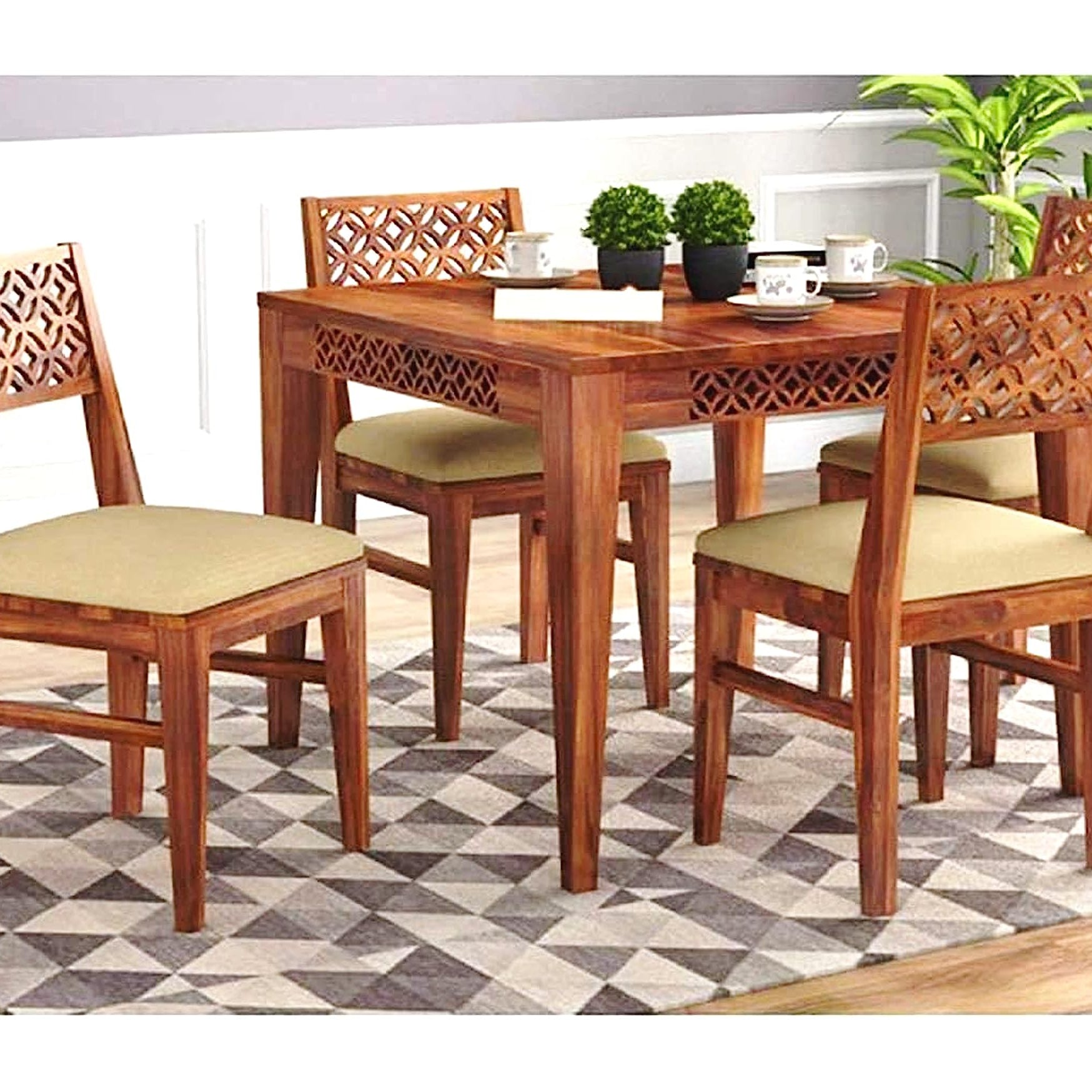 SM Arts Solid Sheesham Wood Square Dining Table 4 Seater with 4 Chairs For Home | Chairs With Cushion | Wooden Kitchen Dinner Table 4 Seater | Dining Room Sets For Restaurants | Rosewood, Honey