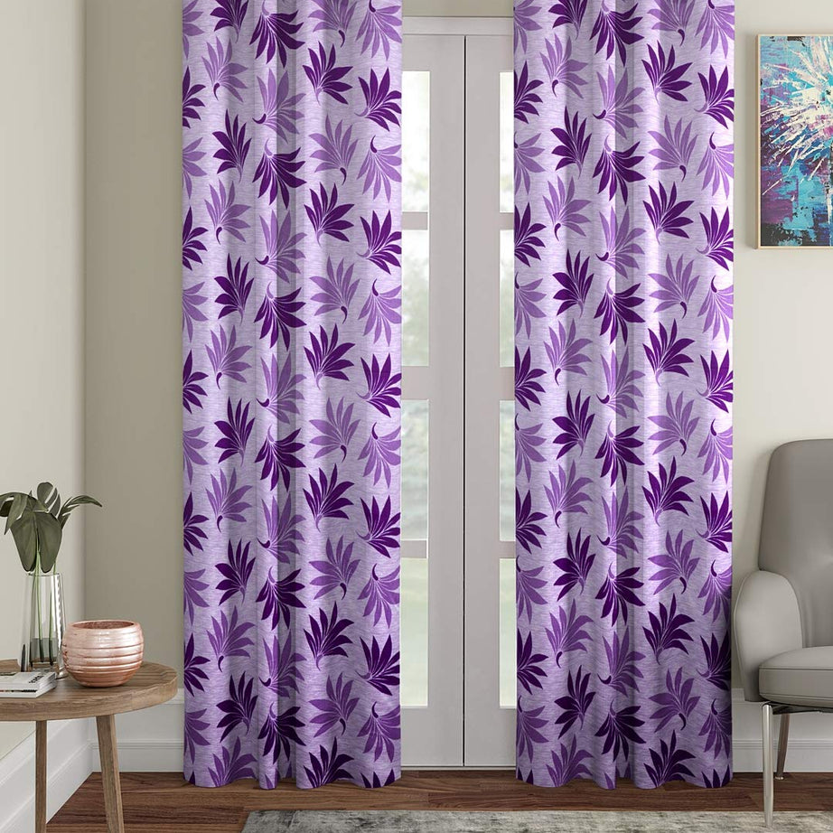 Cortina 2 Piece Floral Design Panel Eyelet Polyester Door Curtains - 7 Feet, Purple