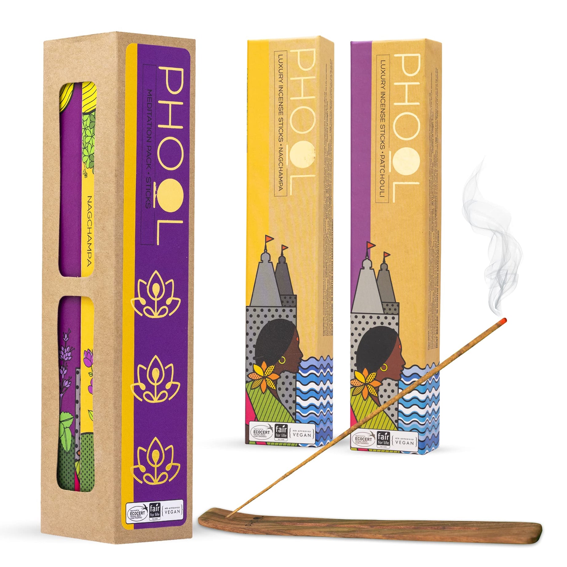 Phool Pack of 2 Natural Incense Sticks, Meditation Pack (80 Organic Agarbatti- Nagchampa and Patchouli) | Special Navratri & Gudi Padwa Pack | Free Wooden Stand |Sulpher & Charcoal Free |100% Organic.