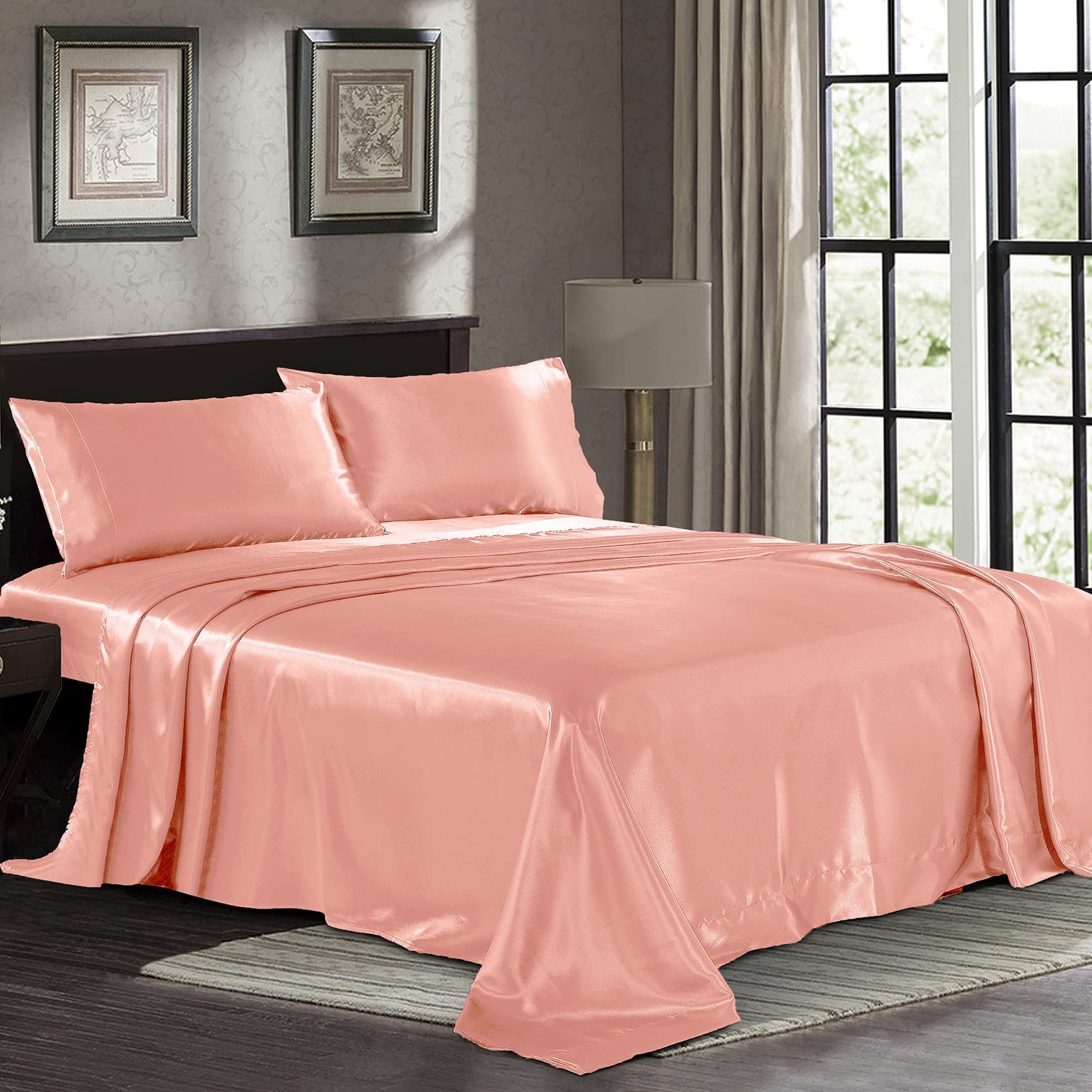 Satin Sheets Queen [4-Piece, Blush Pink] Hotel Luxury Silky Bed Sheets - Extra Soft 1800 Microfiber Sheet Set, Wrinkle, Fade, Stain Resistant - Deep Pocket Fitted Sheet, Flat Sheet, Pillow Cases