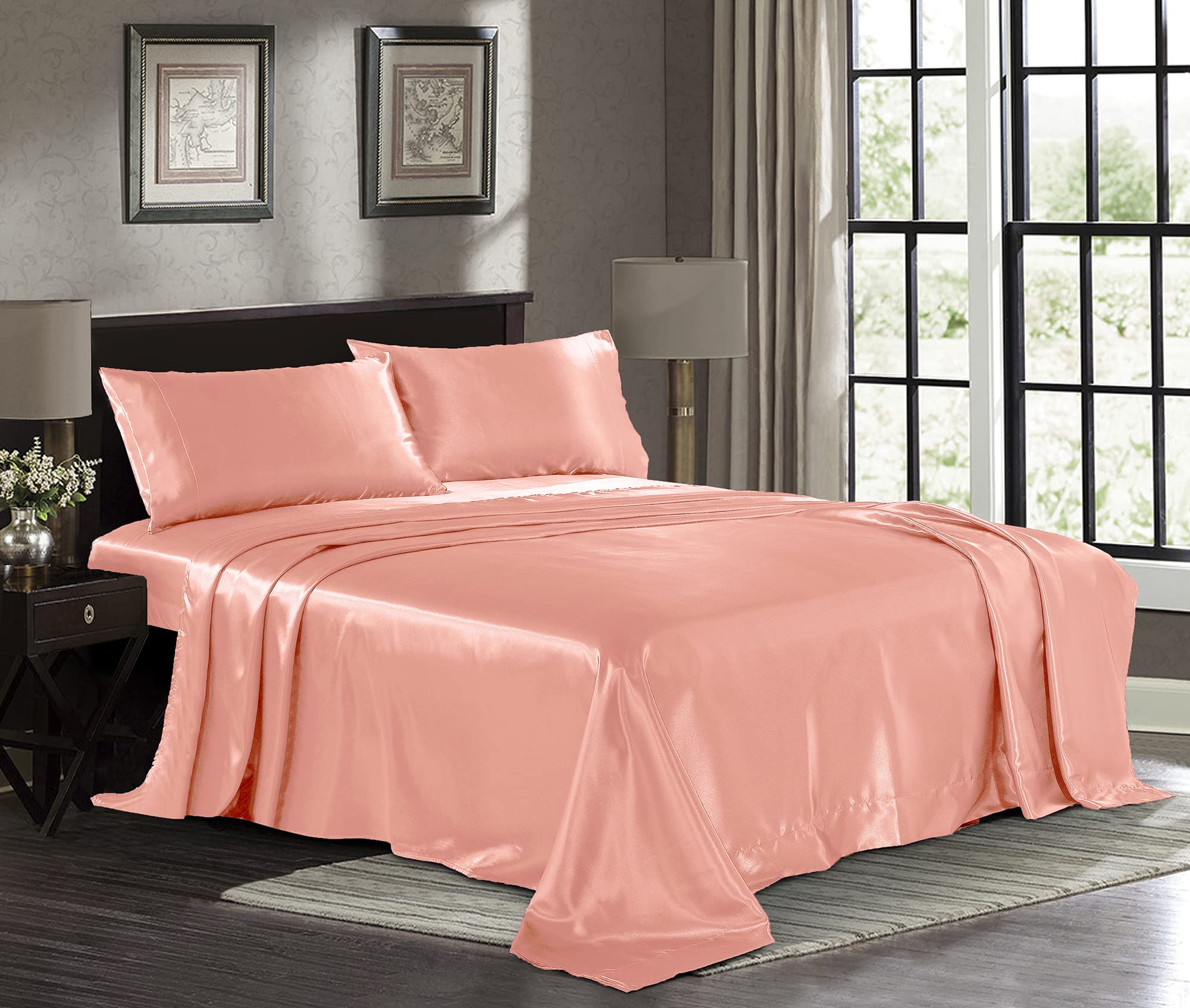 Satin Sheets Queen [4-Piece, Blush Pink] Hotel Luxury Silky Bed Sheets - Extra Soft 1800 Microfiber Sheet Set, Wrinkle, Fade, Stain Resistant - Deep Pocket Fitted Sheet, Flat Sheet, Pillow Cases