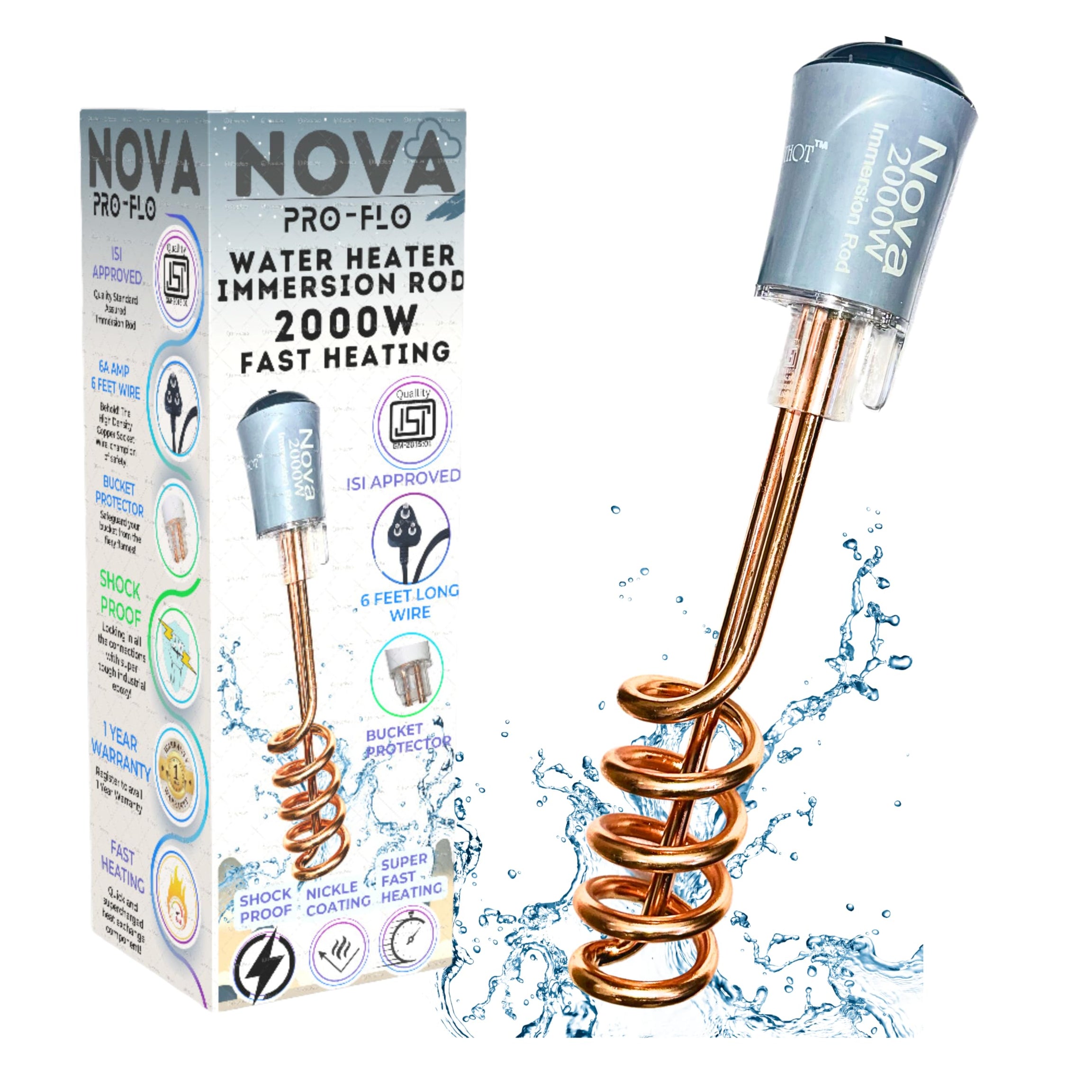 Nova Water Heater Rod for Home Shock Proof Immersion Heating Rod | TURBO HeatPro Technology for Rapid Heating | 2000w Copper Element | 6 Months Warranty |