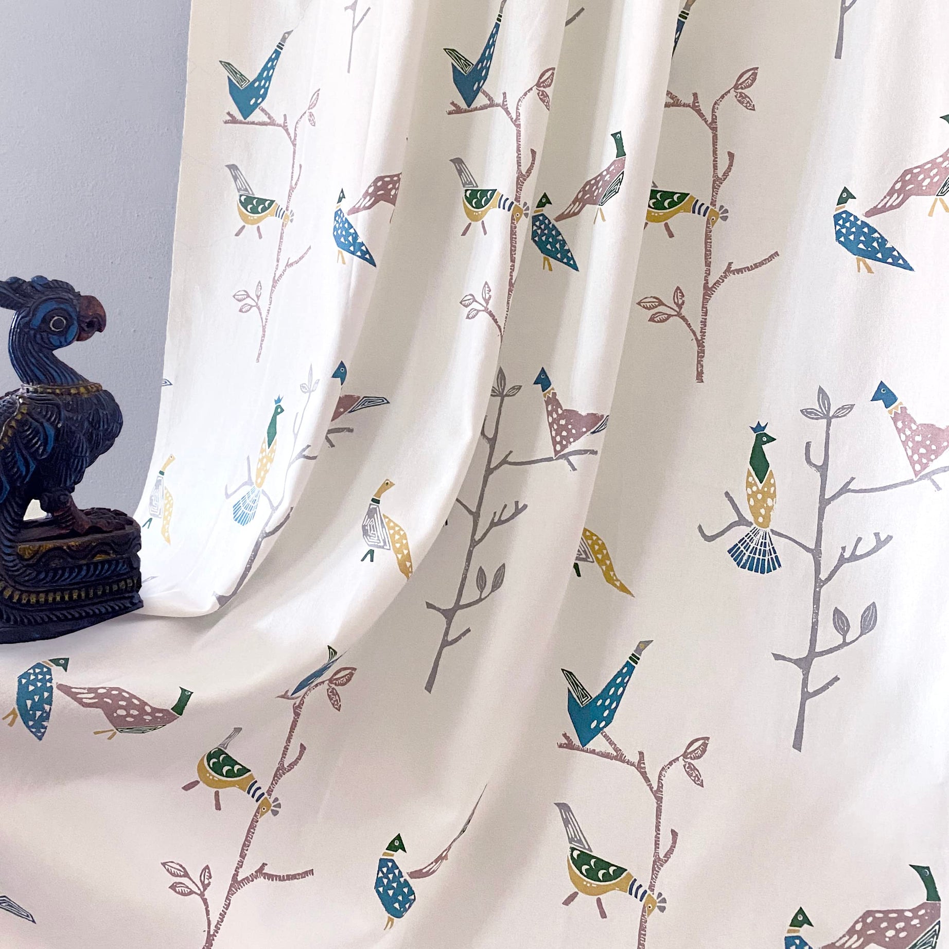 Tranquebar Curtain Co. Pure Cotton Curtains for Window, 60-65% Room Darkening, Bird Print (Shiri: Blue & Yellow) -5 Feet, Set of 2 (Length 152 cm) - with Back Tab