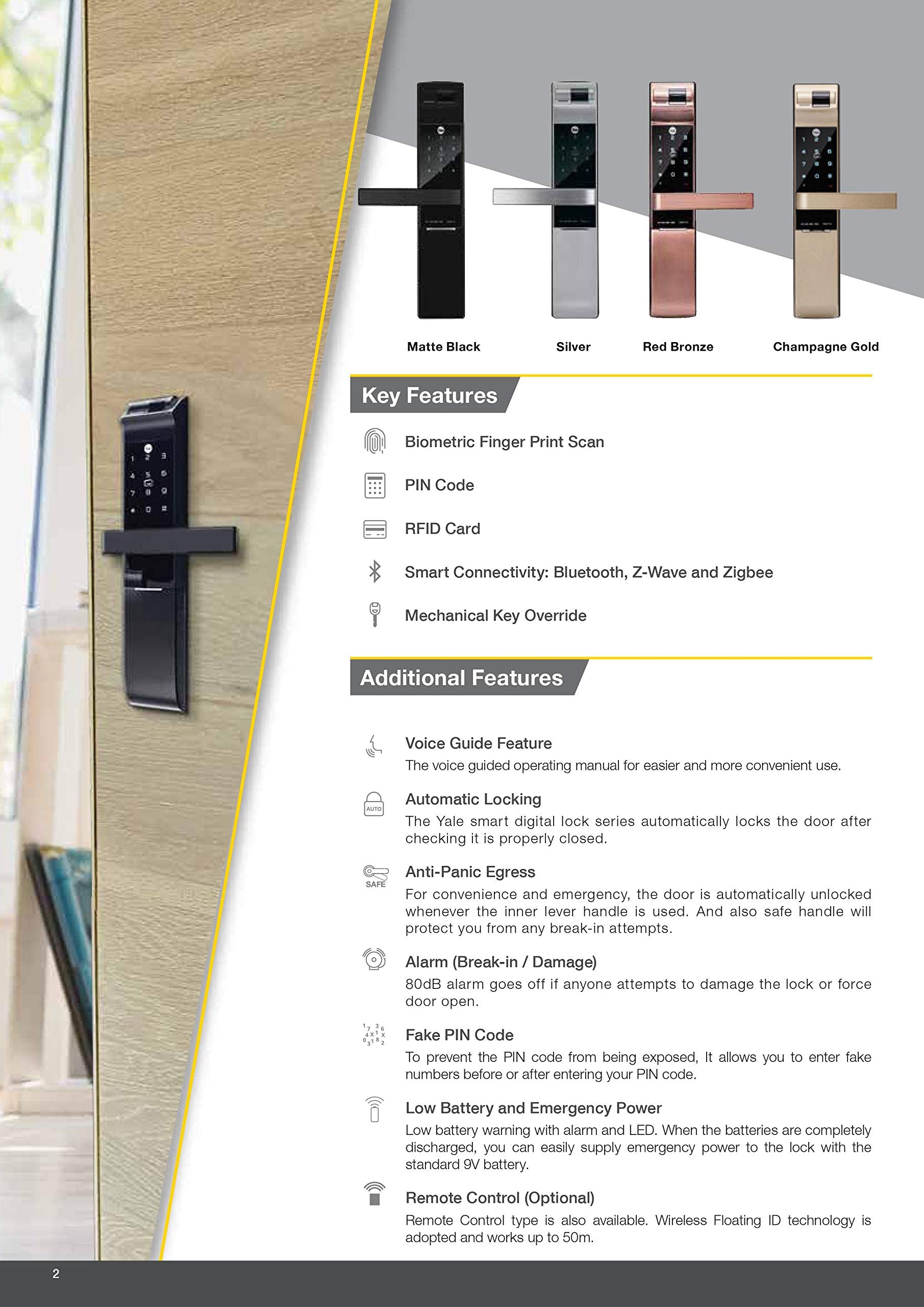 Yale YDM 7116 Smart Door Lock with Biometric, Pin, RF Card, Bluetooth, Mechanical Keys & App Enabled Access, WiFi Optional, Color- Gold