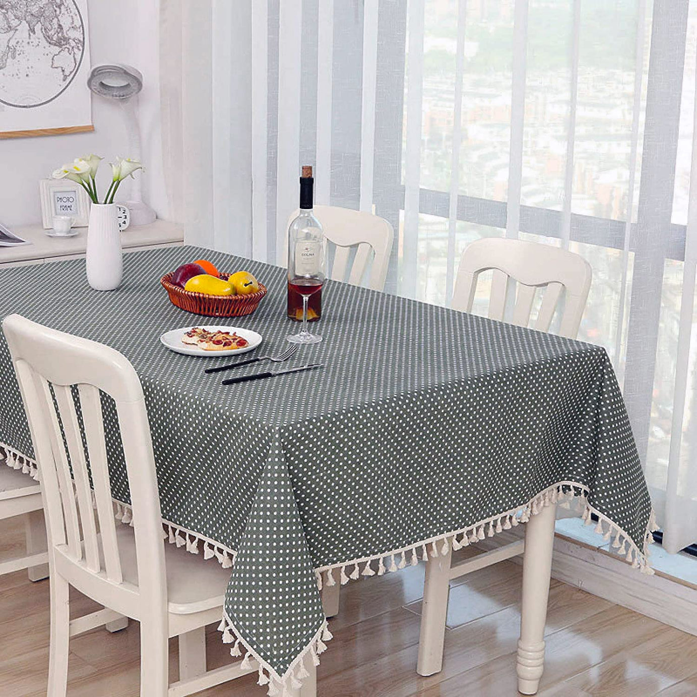 House of Quirk Rectangle Tablecloth Cotton Linen Table Cloth Dust-Proof Table Cover for Kitchen Dinning Tabletop Decoration (140x220cm, Grey Polka)