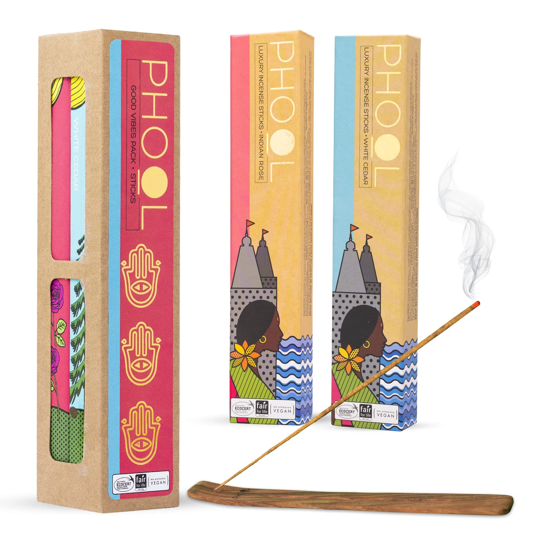 Phool Good Vibes Pack of 2 Natural Agarbatti for Pooja - Indian Rose & White Cedar | Special Navratri & Gudi Padwa Pack | Free Wooden Stand Sulpher & Charcoal Free | 100% Organic Incense Sticks