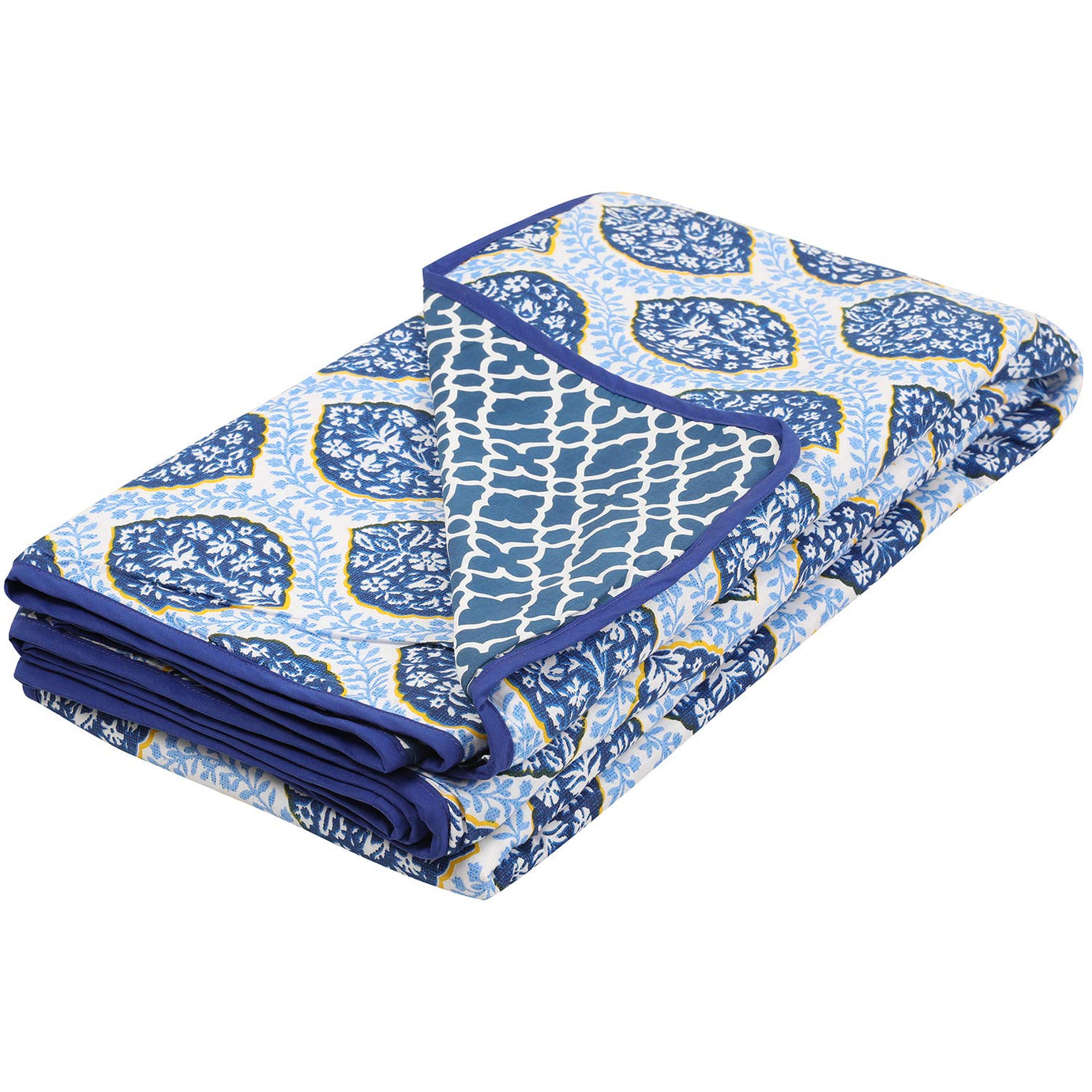 Cloth Fusion Cotton Reversible Dohar Single Bed Size All Season Blanket Comforter (Blue Leaves, Pack of 1)